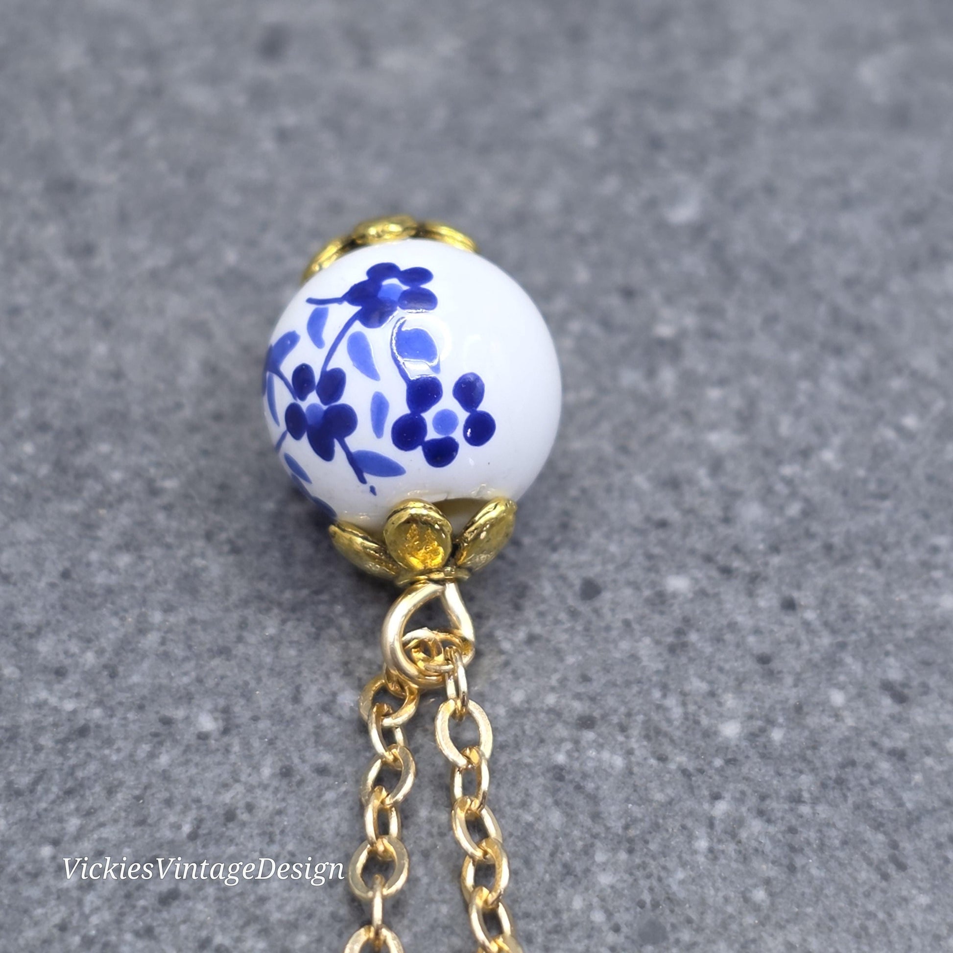 Ceramic Blue and White Flower Bead Necklace; With a Choice of Chains