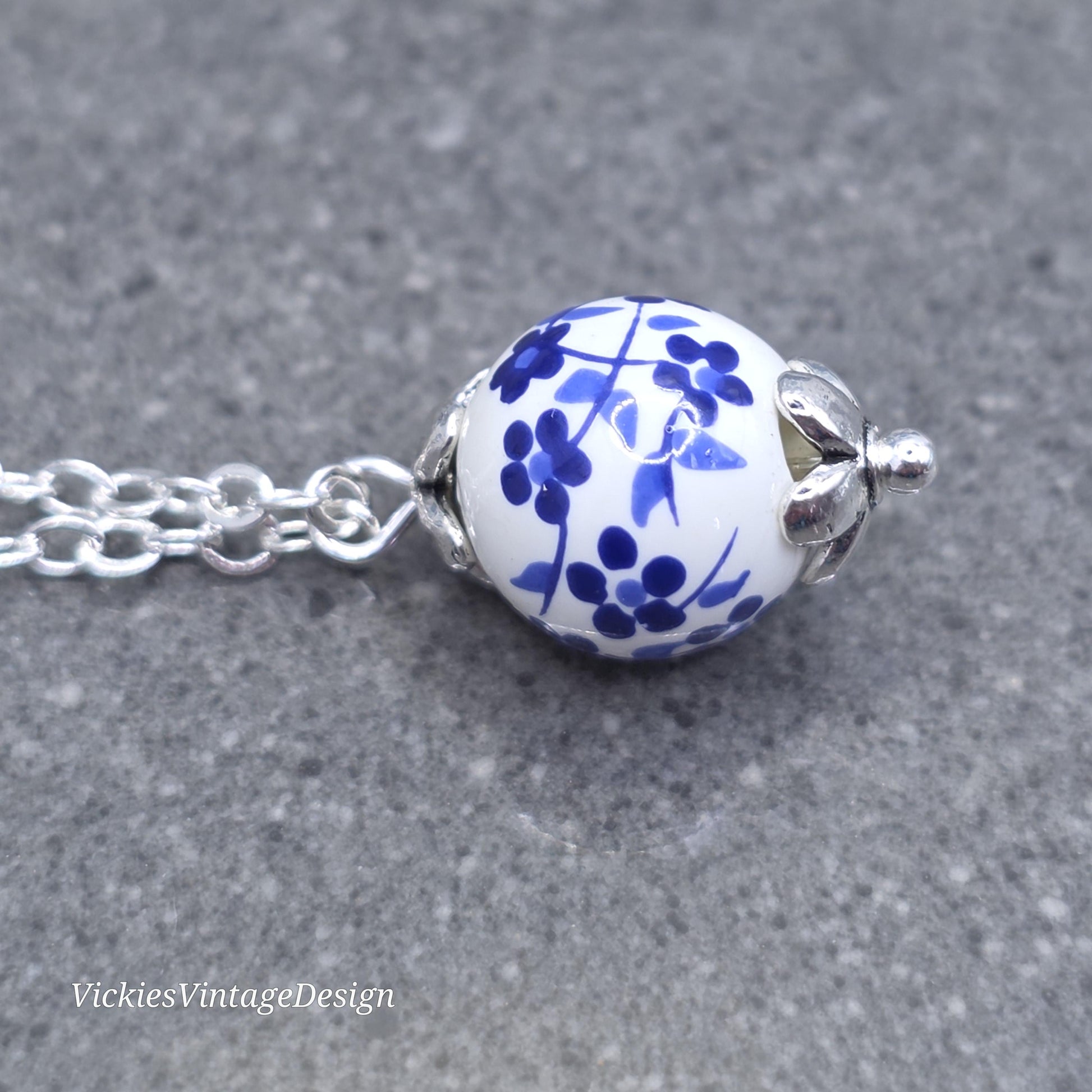 Ceramic Blue and White Flower Bead Necklace; With a Choice of Chains