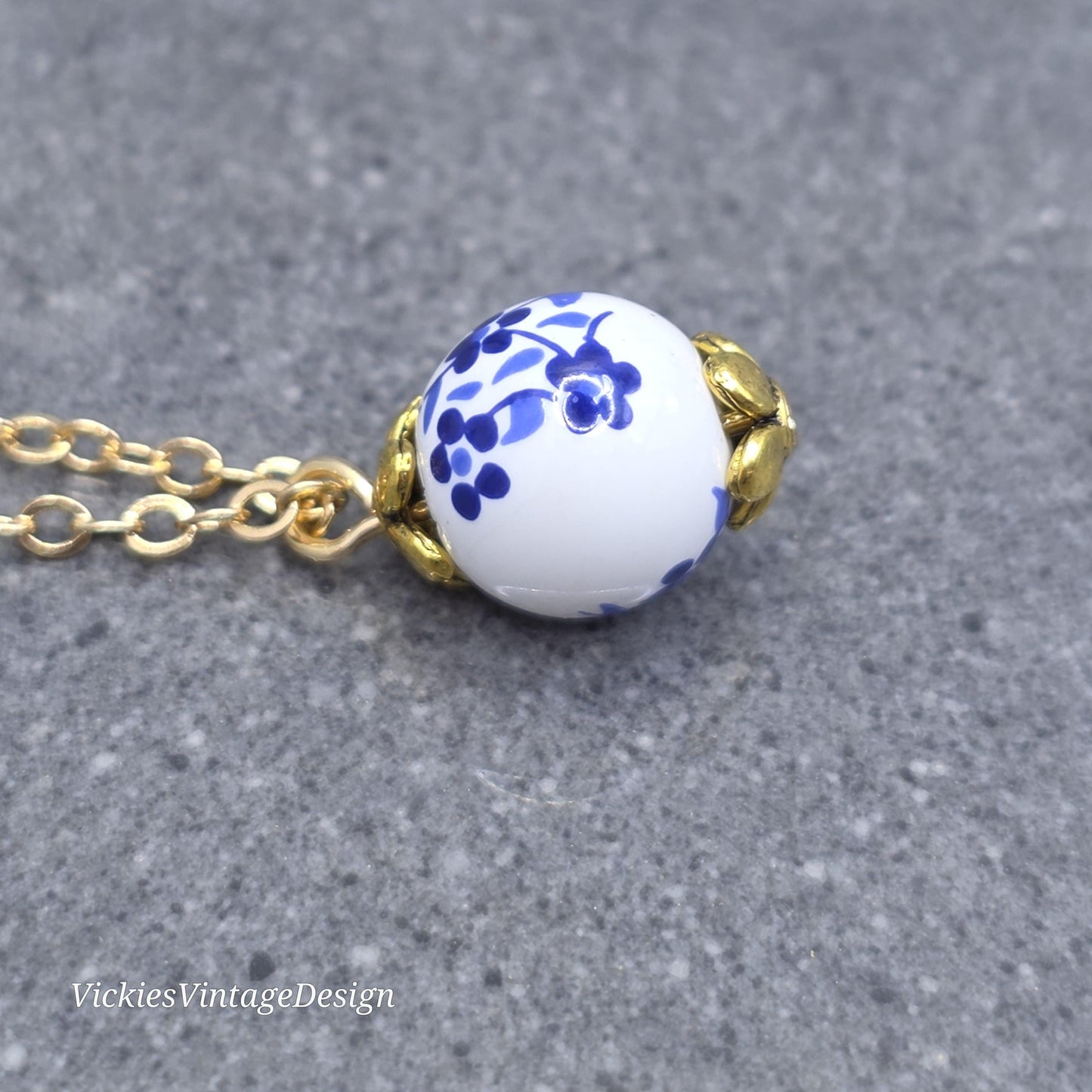 Ceramic Blue and White Flower Bead Necklace; With a Choice of Chains