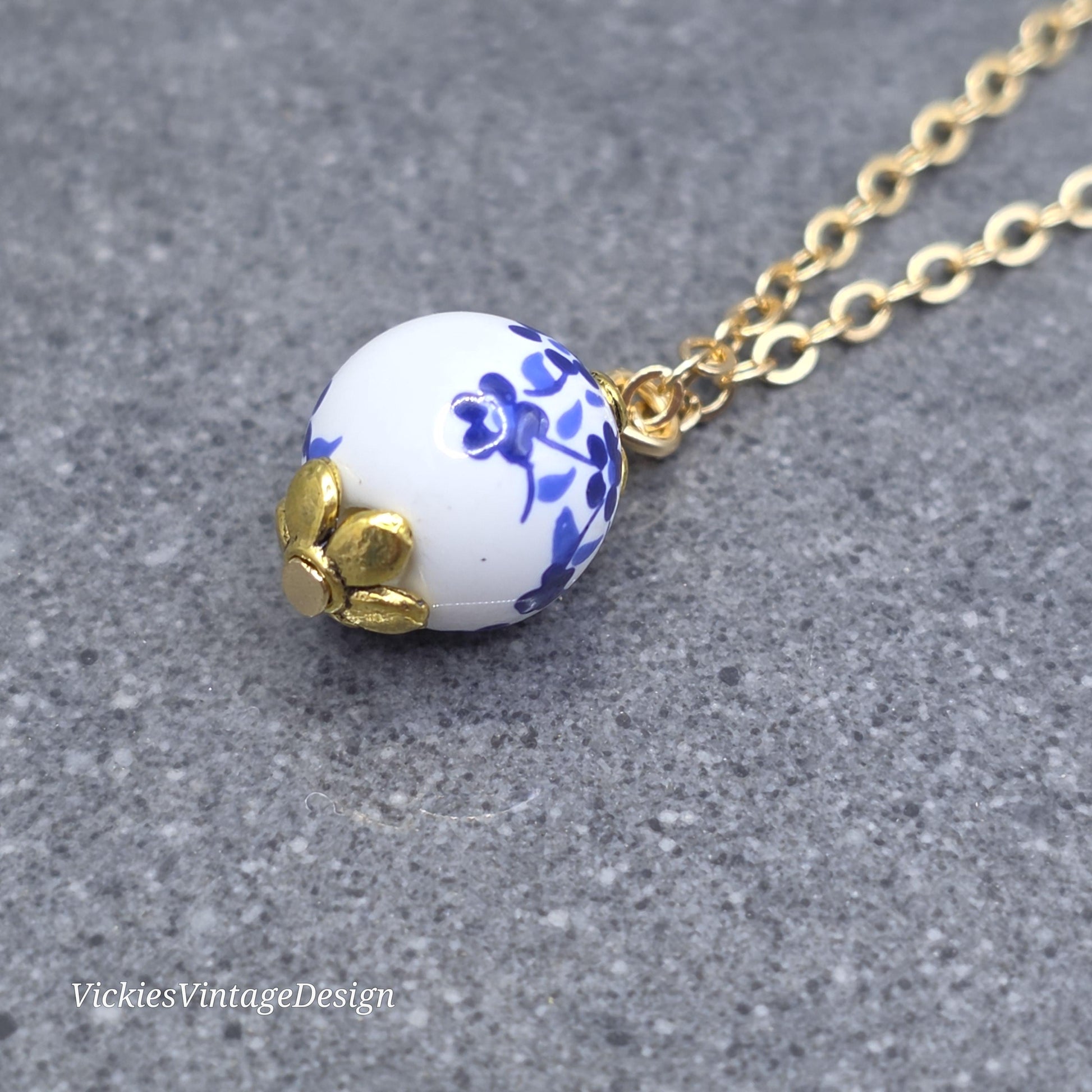 Ceramic Blue and White Flower Bead Necklace; With a Choice of Chains