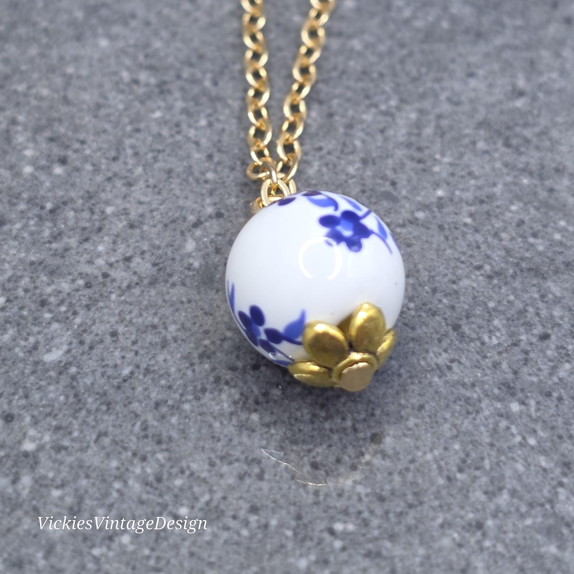 Ceramic Blue and White Flower Bead Necklace; With a Choice of Chains