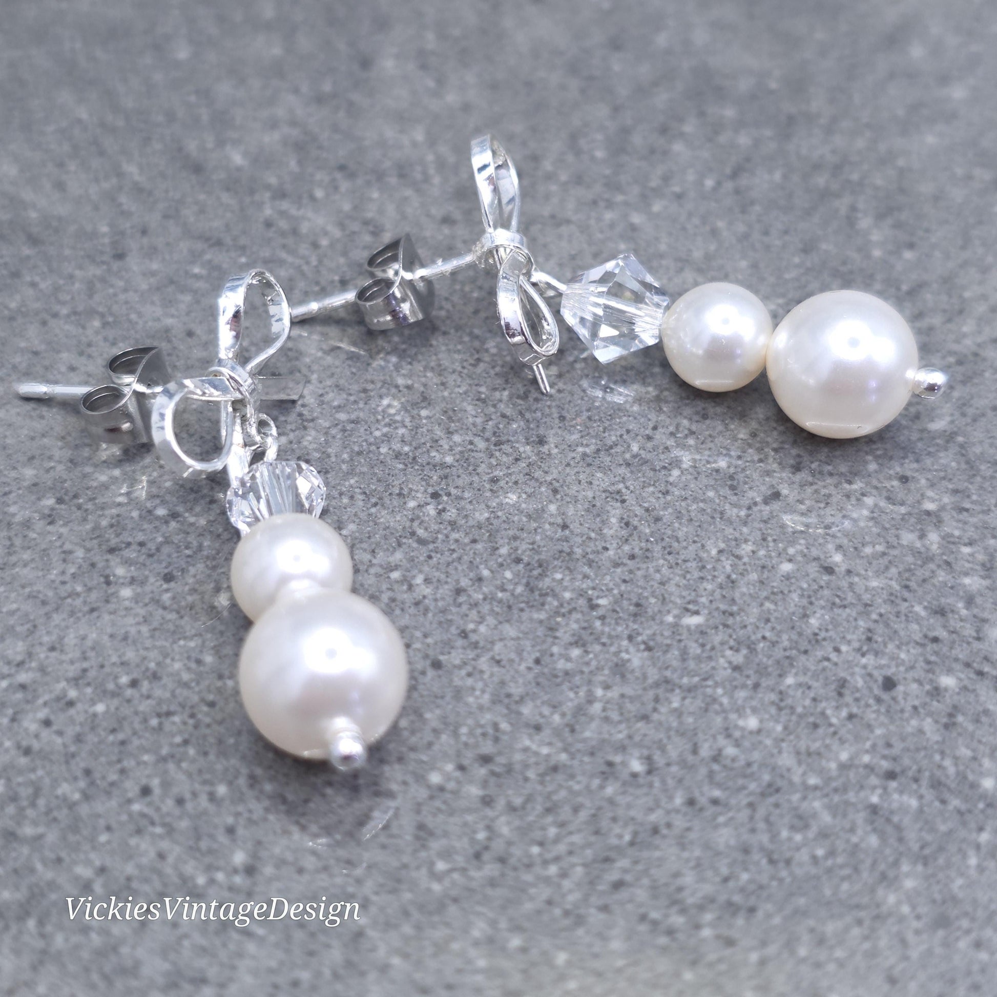 Primero Crystals® Pearl Bow Earrings; Elegant Sparkly Earrings, Bridal and Special Occasion Jewellery