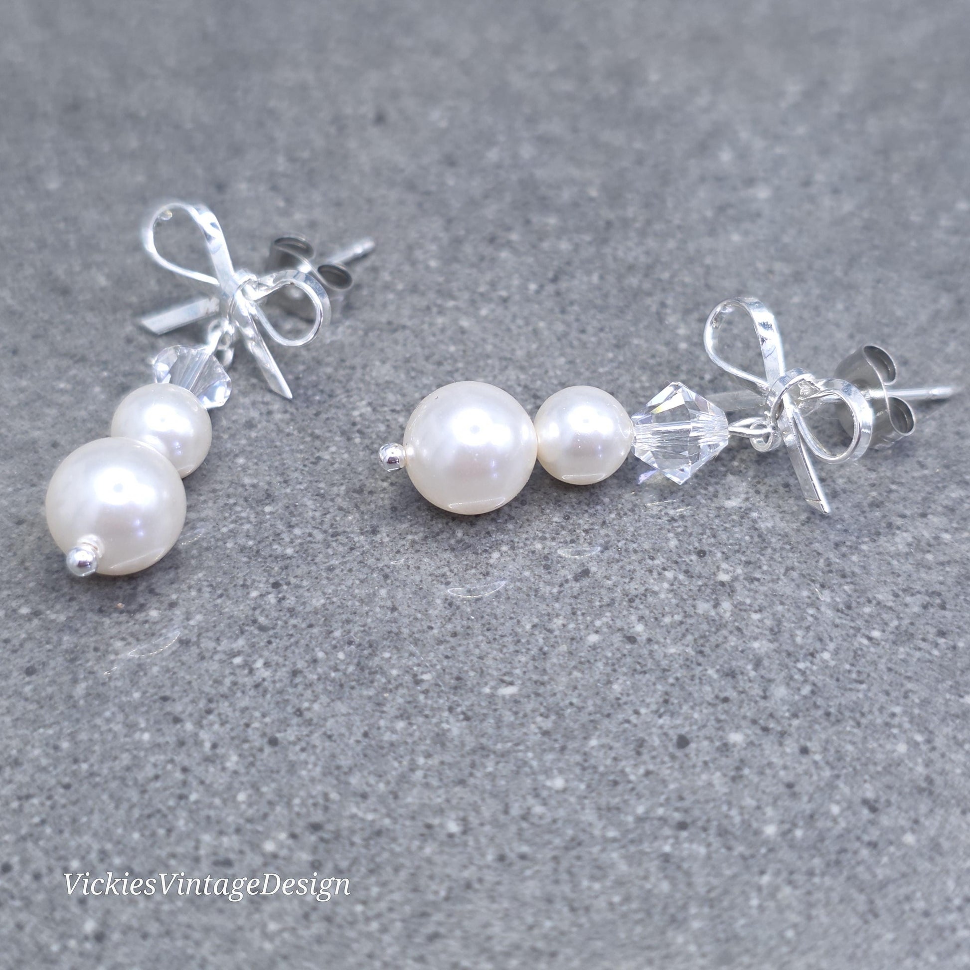 Primero Crystals® Pearl Bow Earrings; Elegant Sparkly Earrings, Bridal and Special Occasion Jewellery