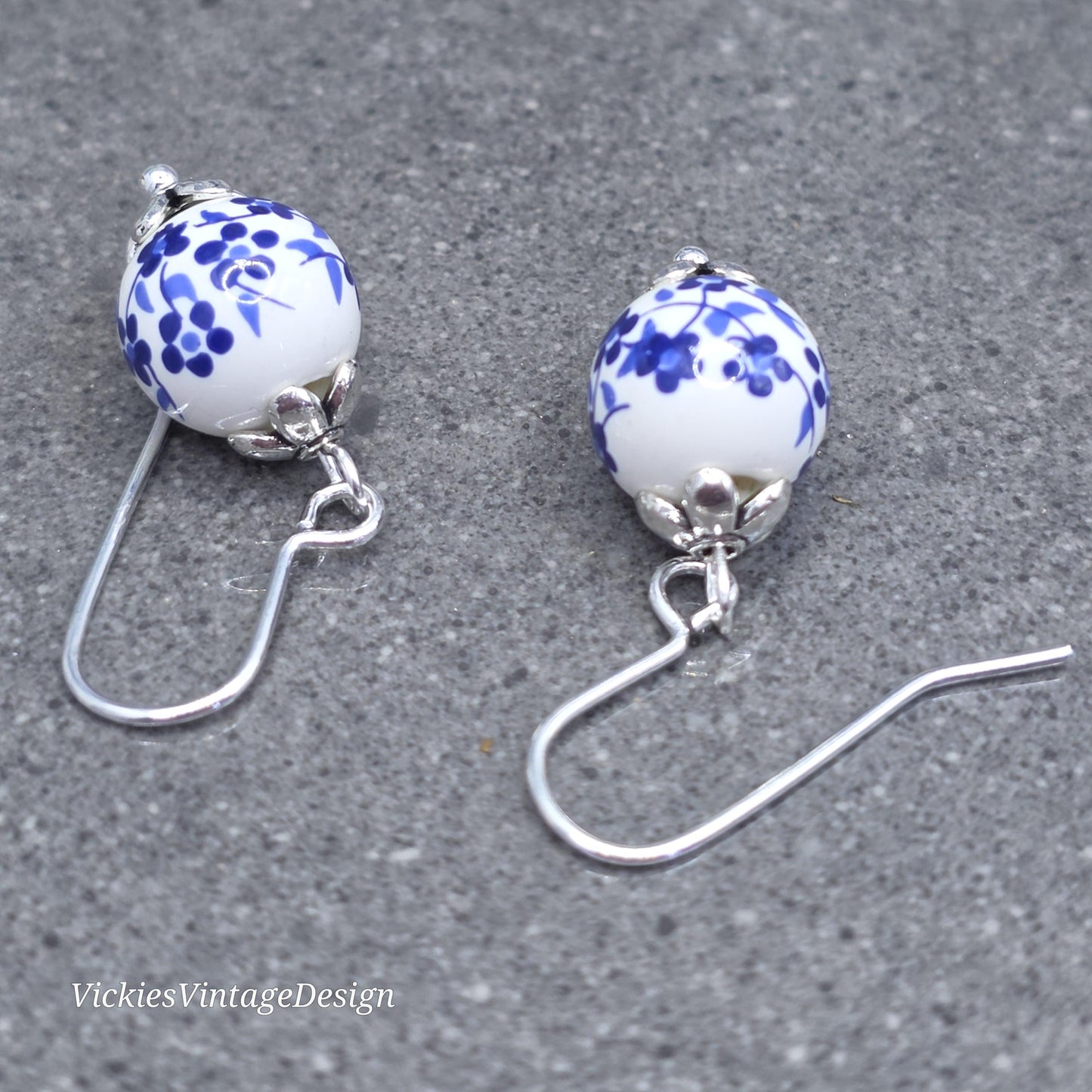 Ceramic Blue and White Flower Earrings; Choice of Ear Wires