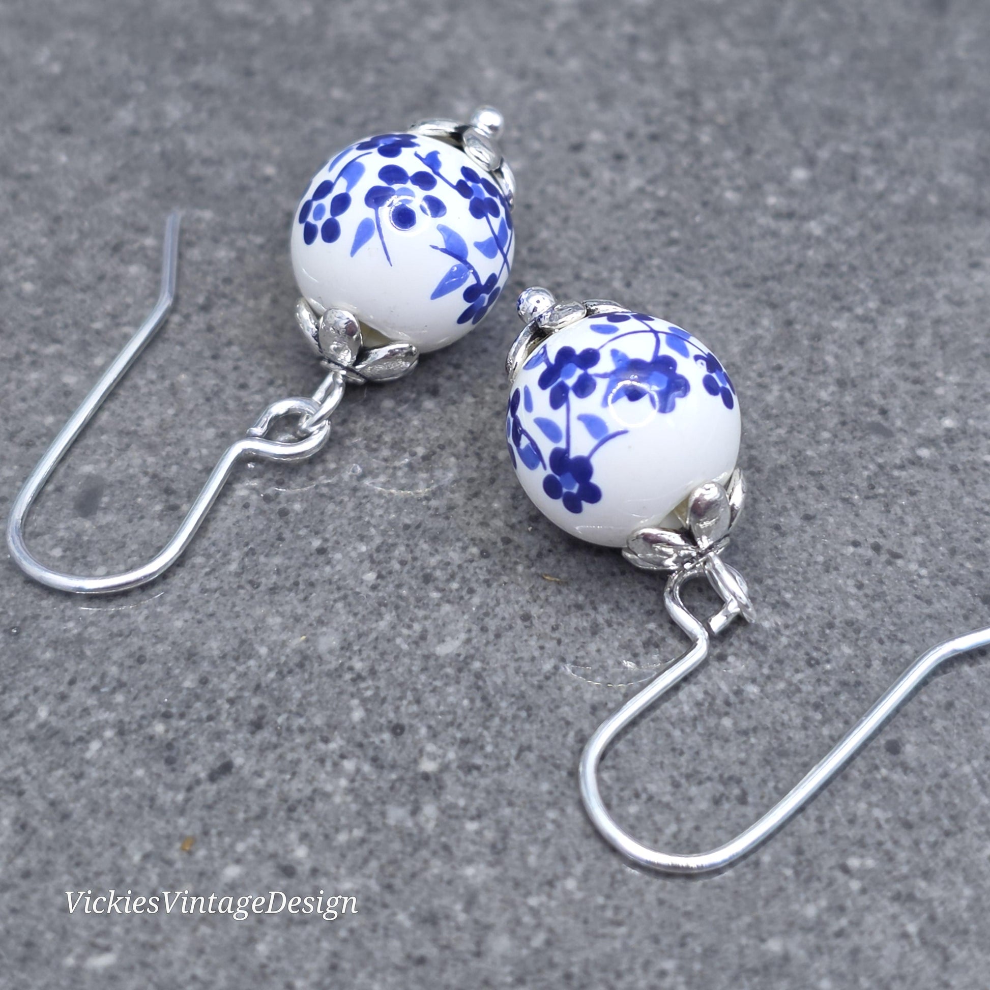 Ceramic Blue and White Flower Earrings; Choice of Ear Wires