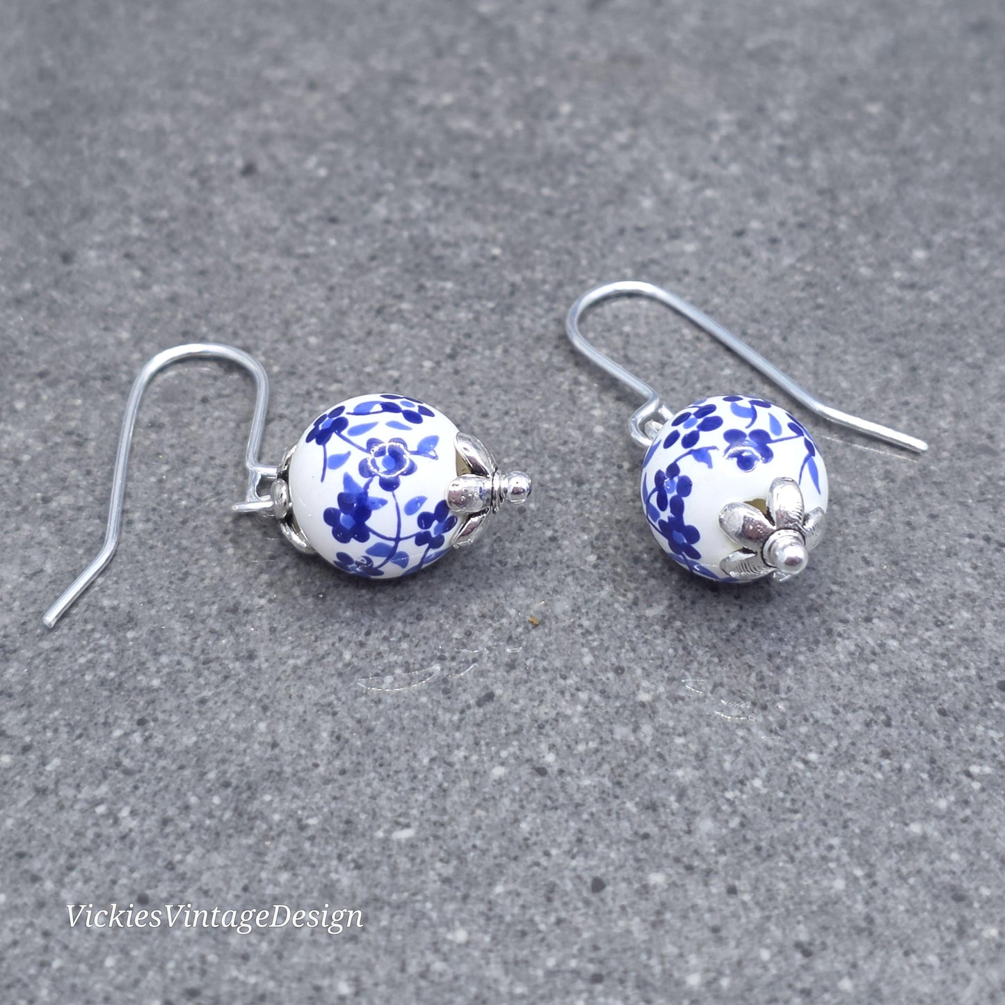 Ceramic Blue and White Flower Earrings; Choice of Ear Wires