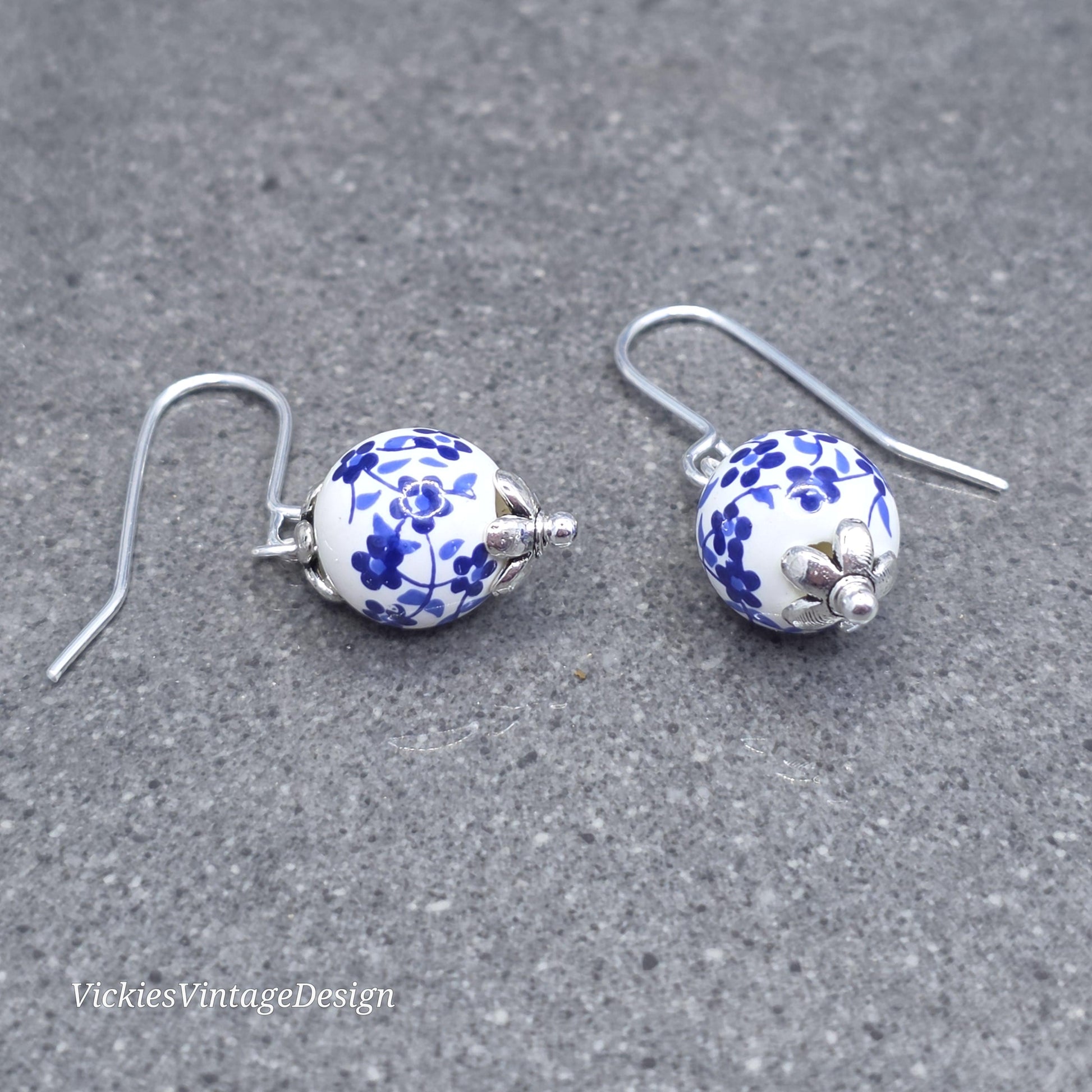 Ceramic Blue and White Flower Earrings; Choice of Ear Wires