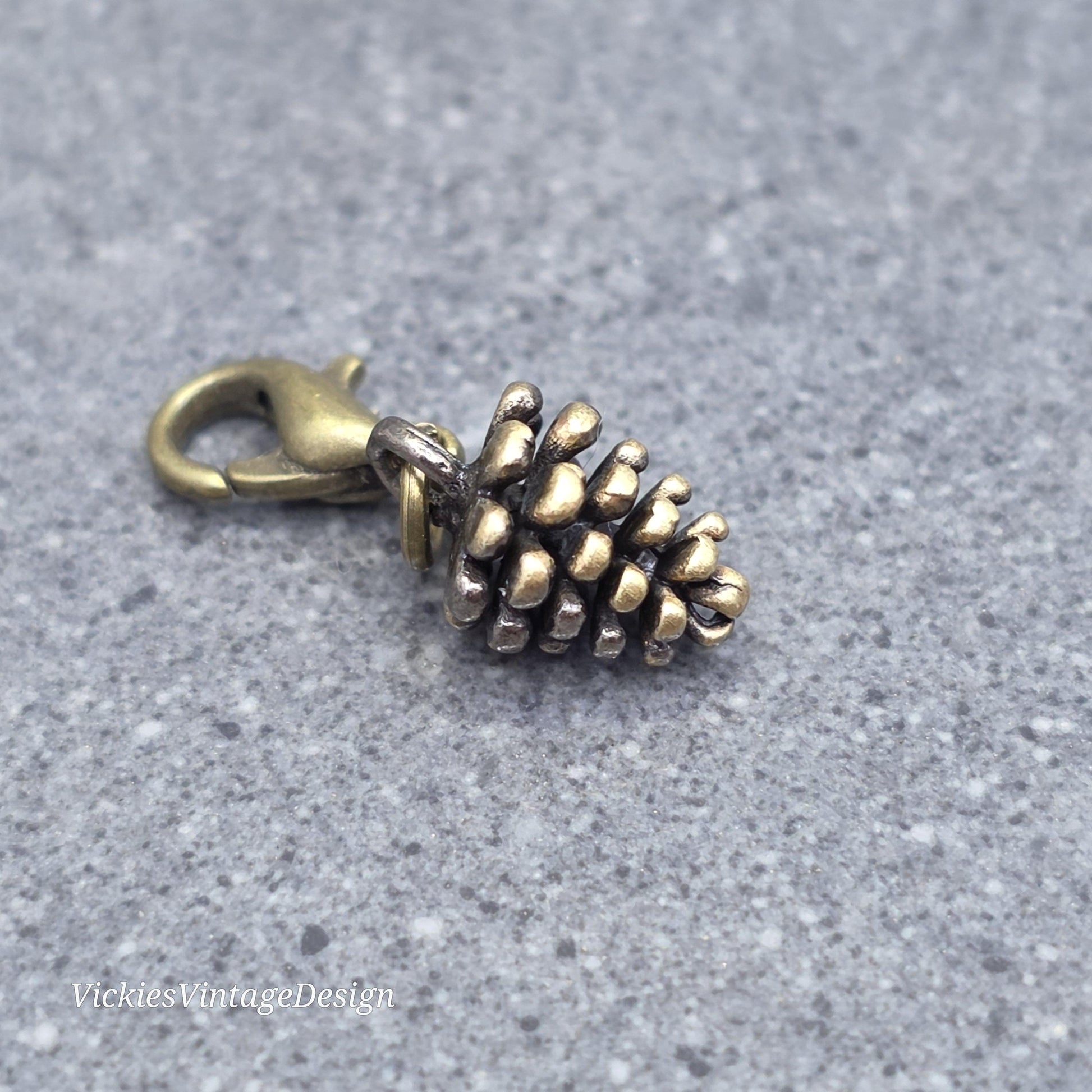 Antique Bronze Pinecone Clip on Charm with Gold Lobster Clasp, Brass, Nickel Free, Stitch marker, Zipper, Planner Charm