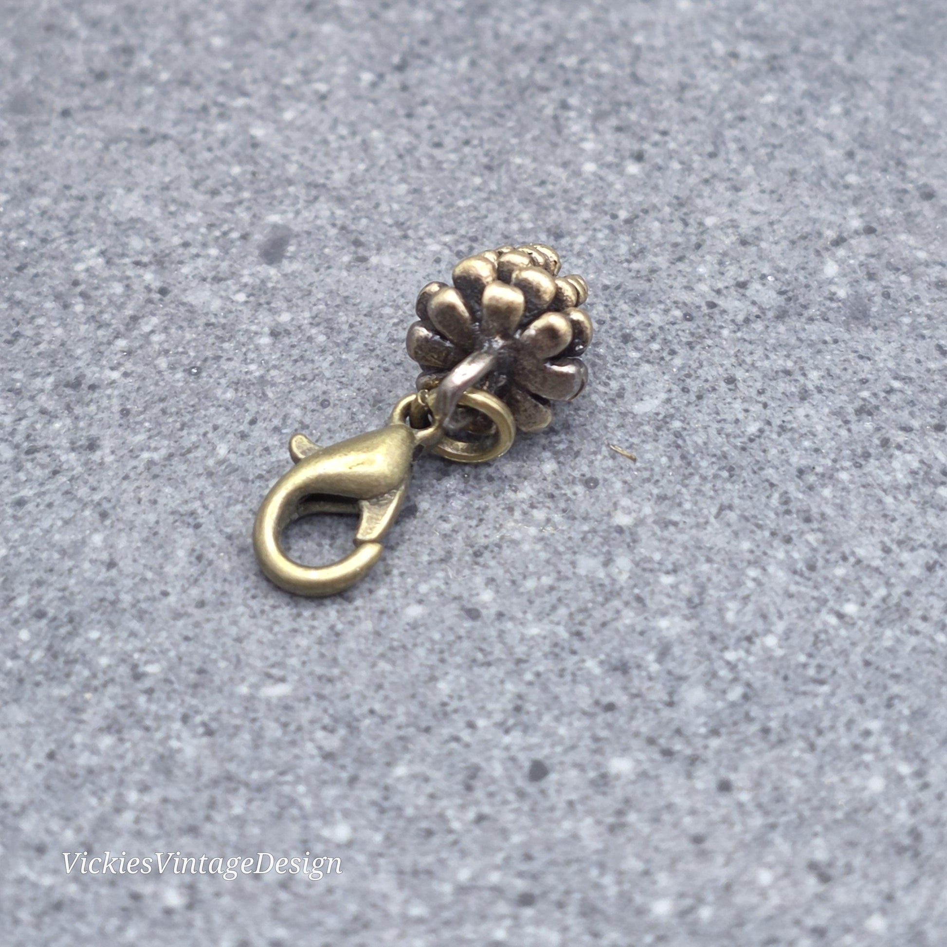 Antique Bronze Pinecone Clip on Charm with Gold Lobster Clasp, Brass, Nickel Free, Stitch marker, Zipper, Planner Charm