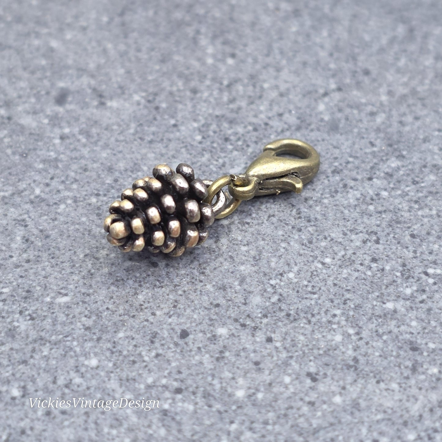 Antique Bronze Pinecone Clip on Charm with Gold Lobster Clasp, Brass, Nickel Free, Stitch marker, Zipper, Planner Charm