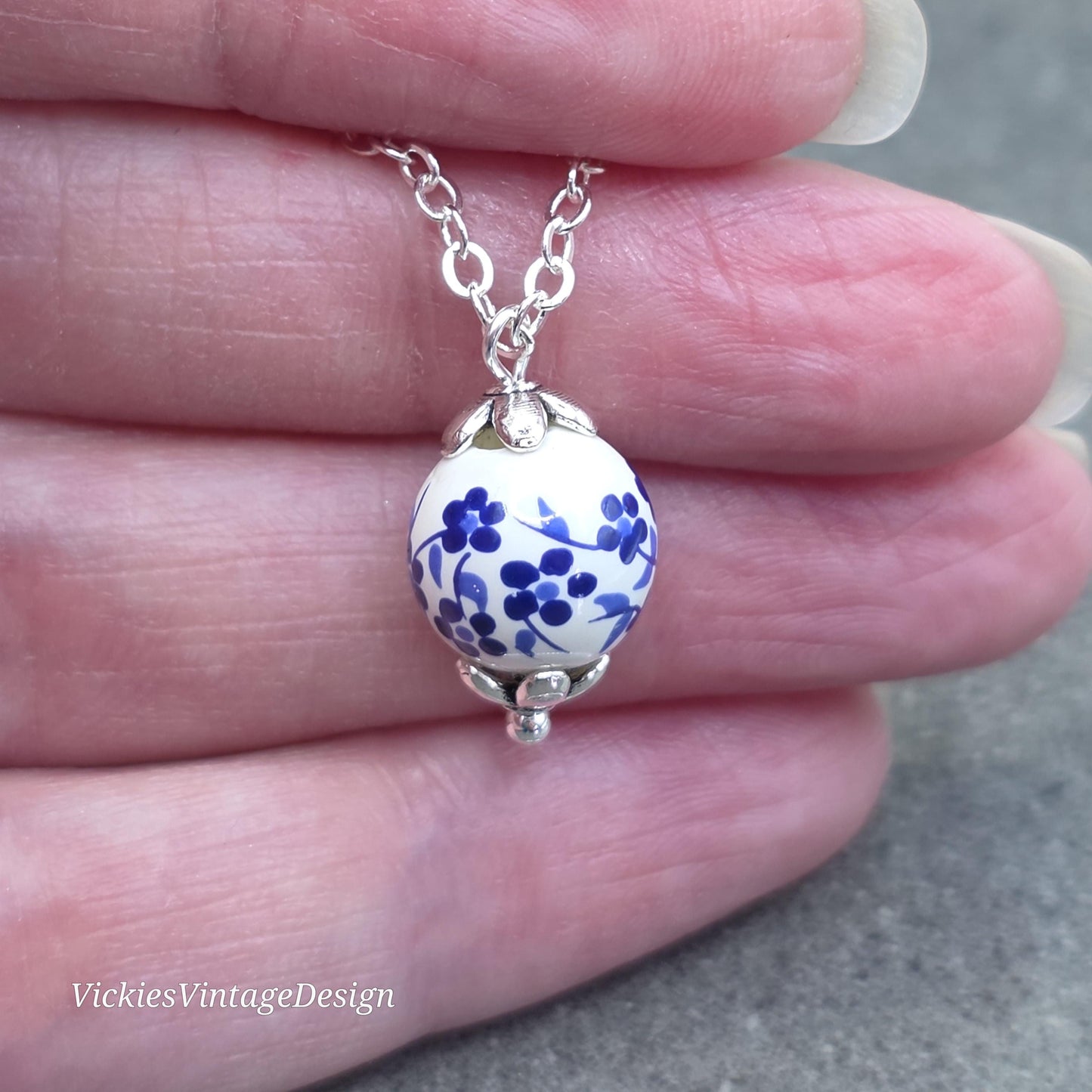 Ceramic Blue and White Flower Bead Necklace; With a Choice of Chains