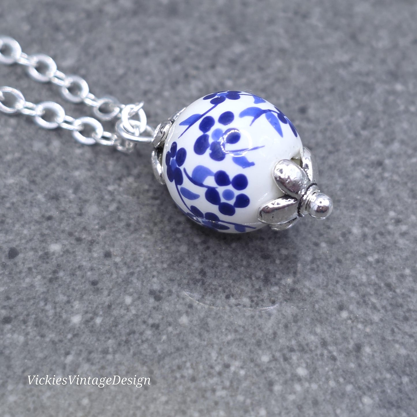 Ceramic Blue and White Flower Bead Necklace; With a Choice of Chains