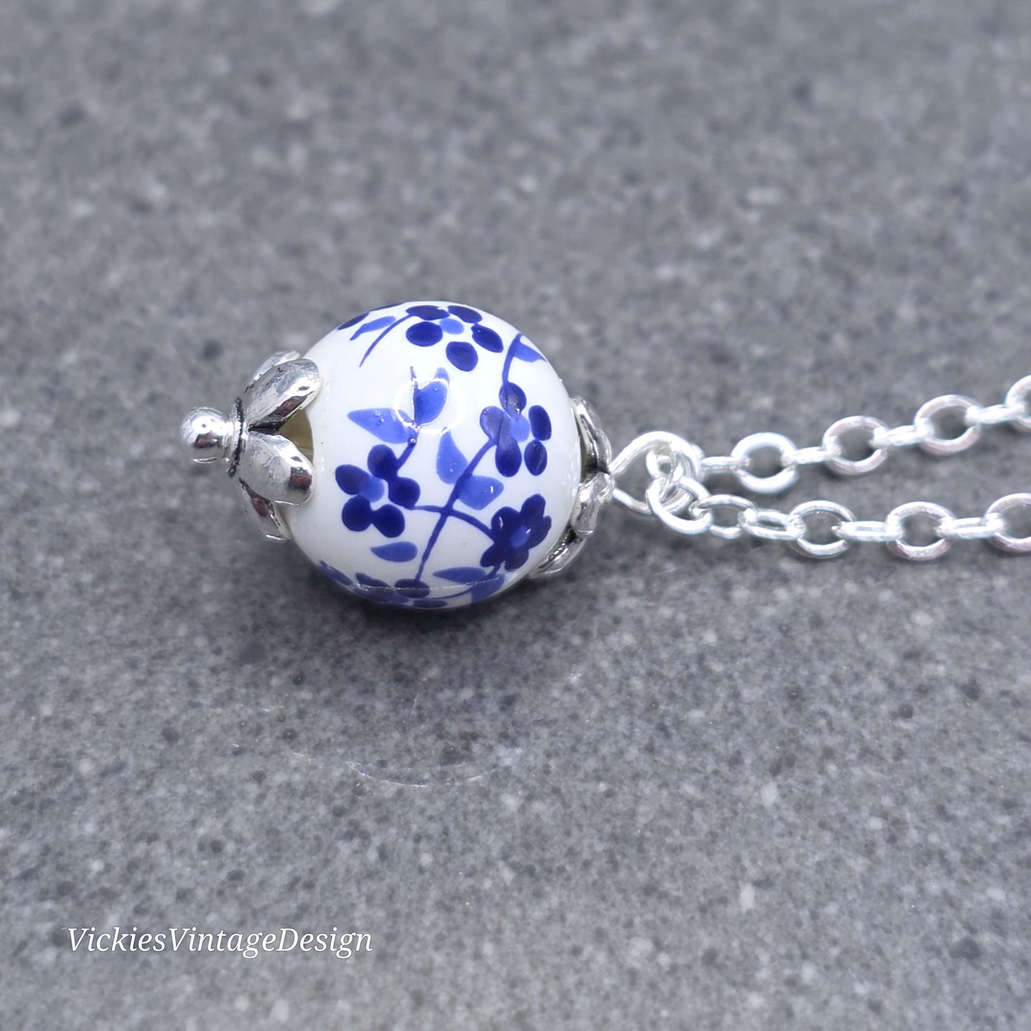 Ceramic Blue and White Flower Bead Necklace; With a Choice of Chains