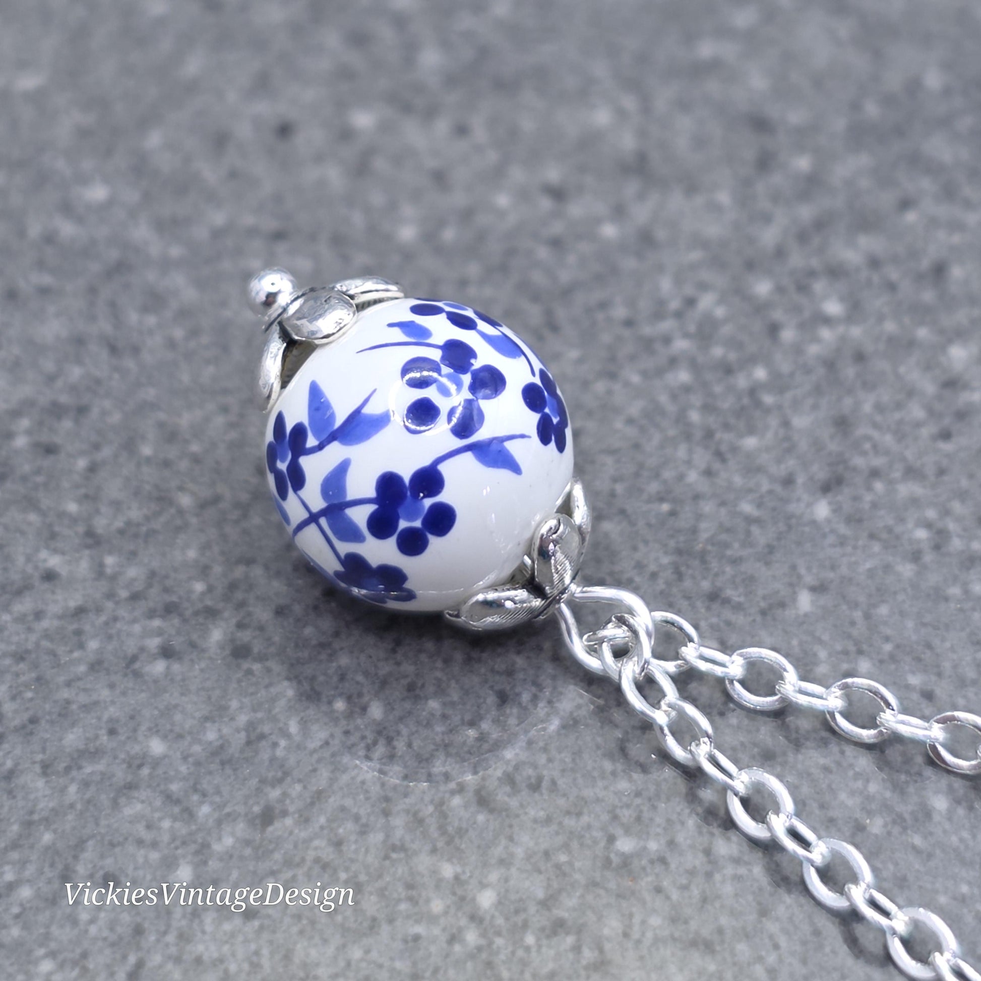 Ceramic Blue and White Flower Bead Necklace; With a Choice of Chains