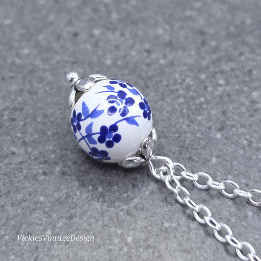 Ceramic Blue and White Flower Bead Necklace; With a Choice of Chains