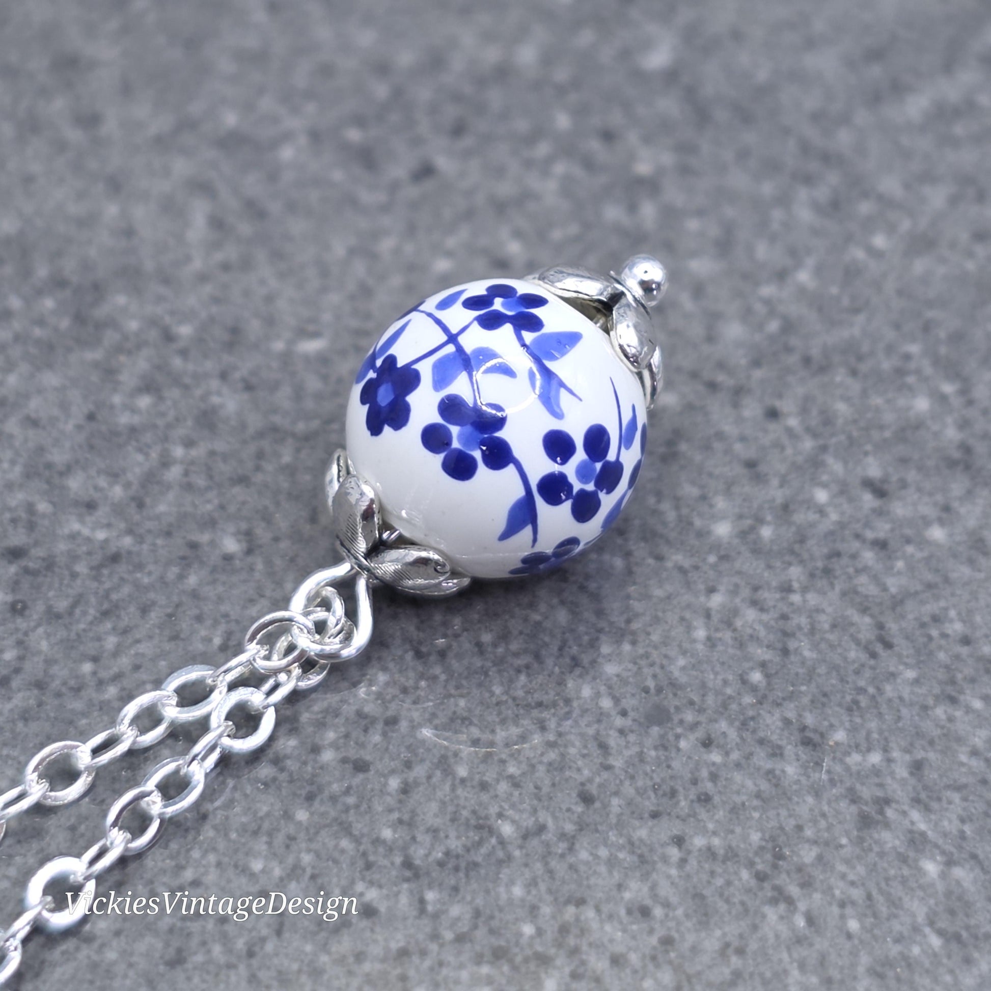 Ceramic Blue and White Flower Bead Necklace; With a Choice of Chains