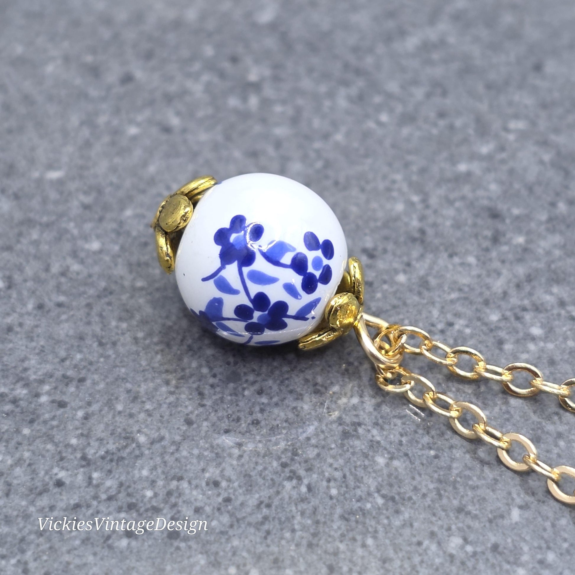 Ceramic Blue and White Flower Bead Necklace; With a Choice of Chains