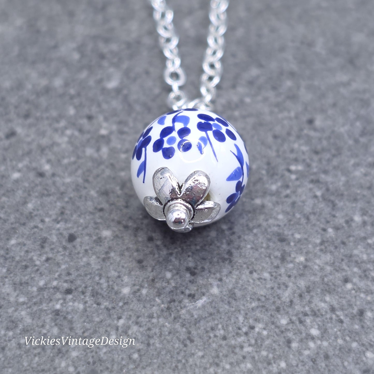 Ceramic Blue and White Flower Bead Necklace; With a Choice of Chains