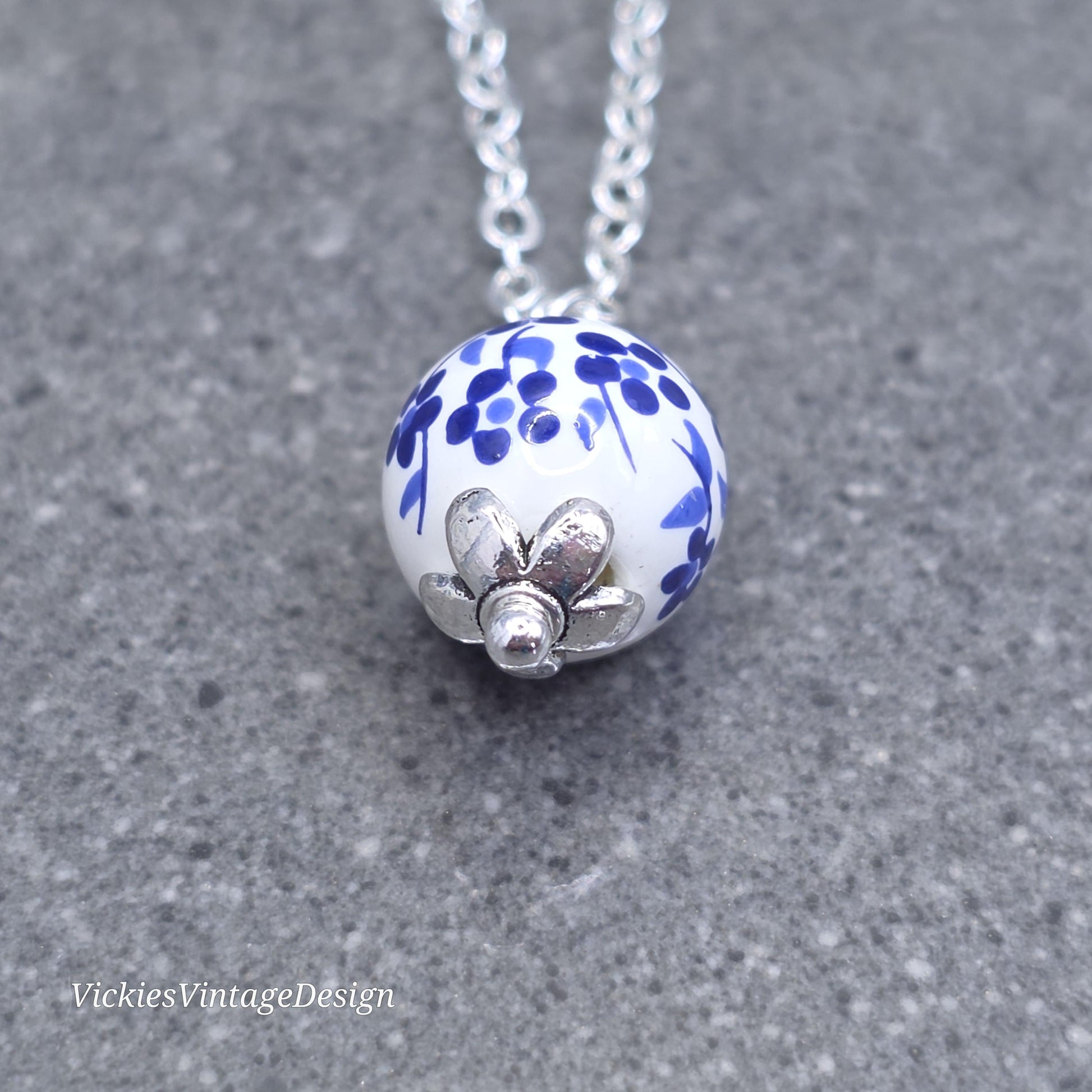 Ceramic Blue and White Flower Bead Necklace; With a Choice of Chains