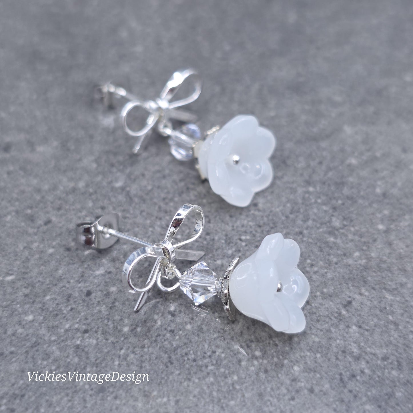 Flower Earrings, White Bow Studs, Glass Flower, PRIMERO Crystals®