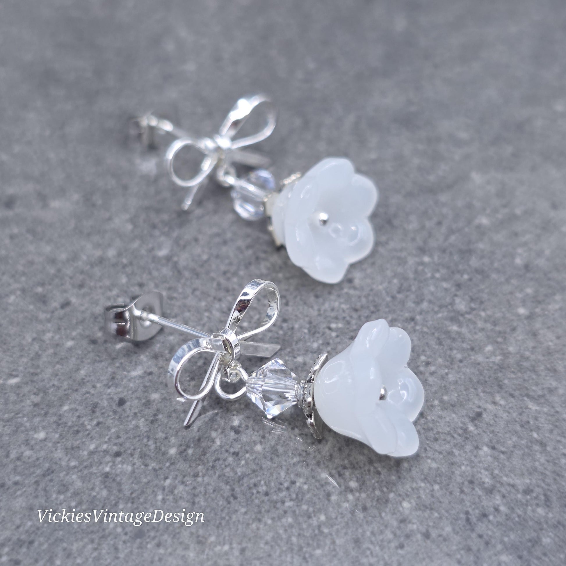 Flower Earrings, White Bow Studs, Glass Flower, PRIMERO Crystals®