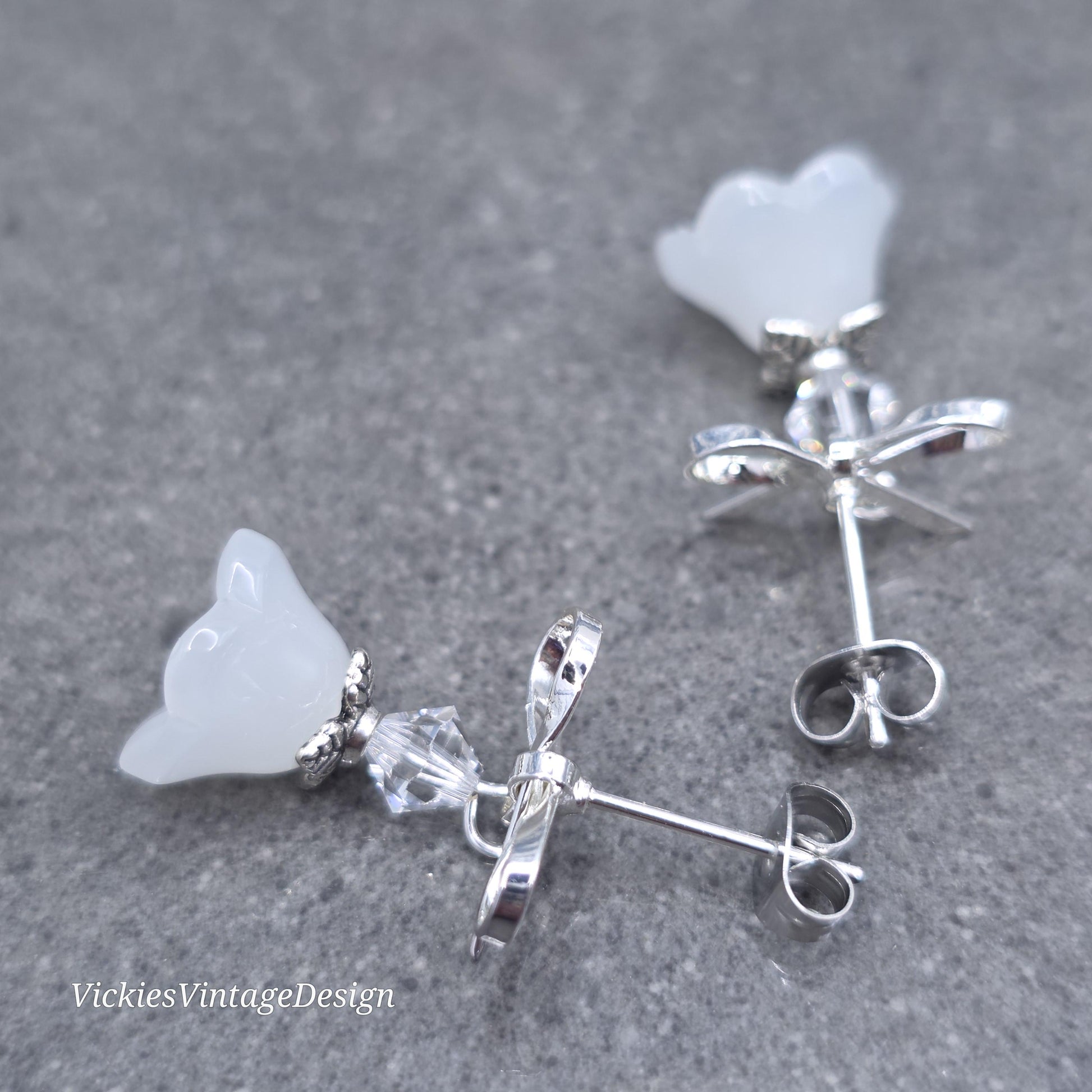 Flower Earrings, White Bow Studs, Glass Flower, PRIMERO Crystals®