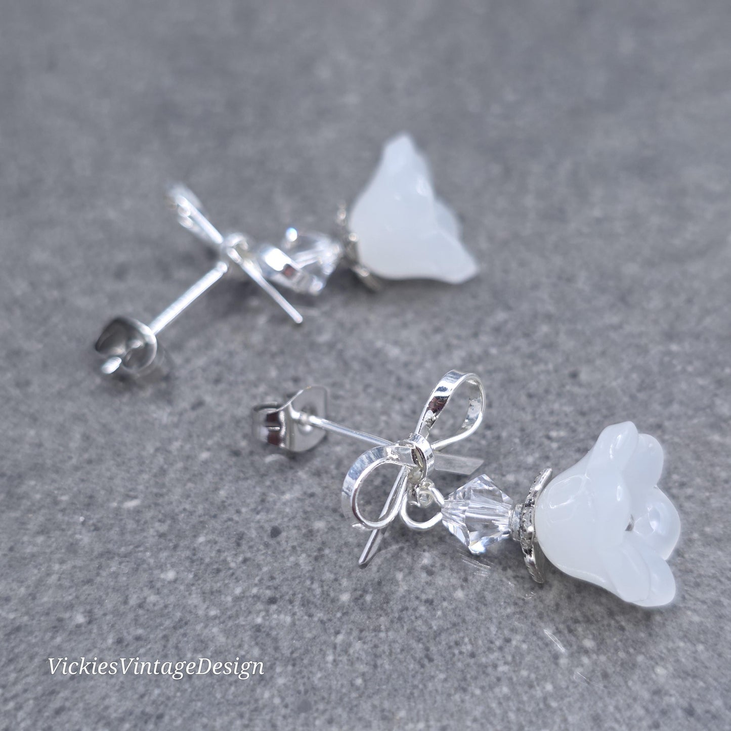 Flower Earrings, White Bow Studs, Glass Flower, PRIMERO Crystals®