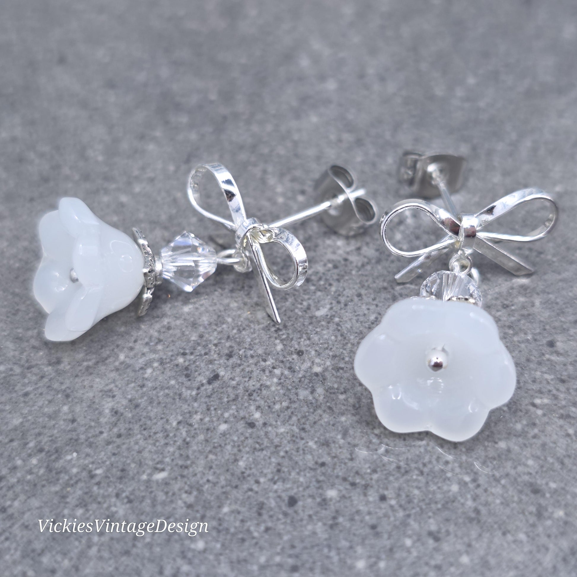 Flower Earrings, White Bow Studs, Glass Flower, PRIMERO Crystals®