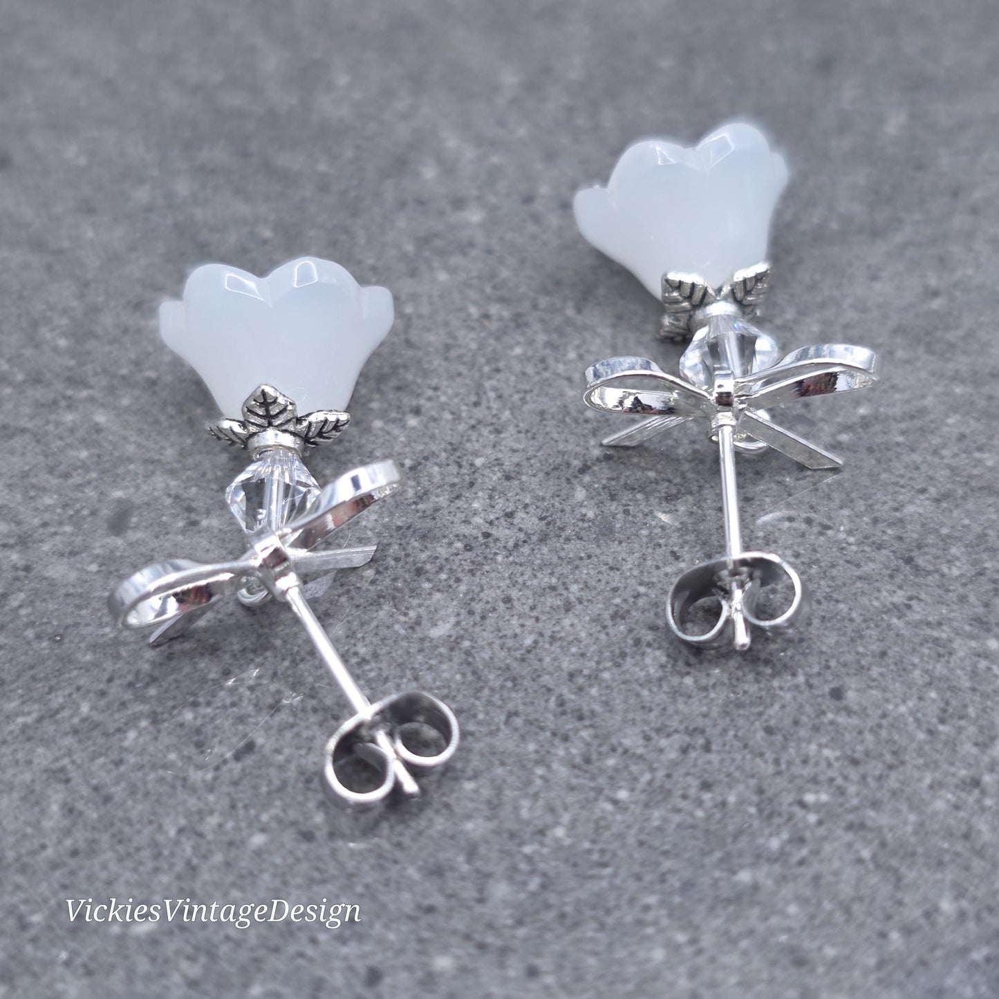 Flower Earrings, White Bow Studs, Glass Flower, PRIMERO Crystals®