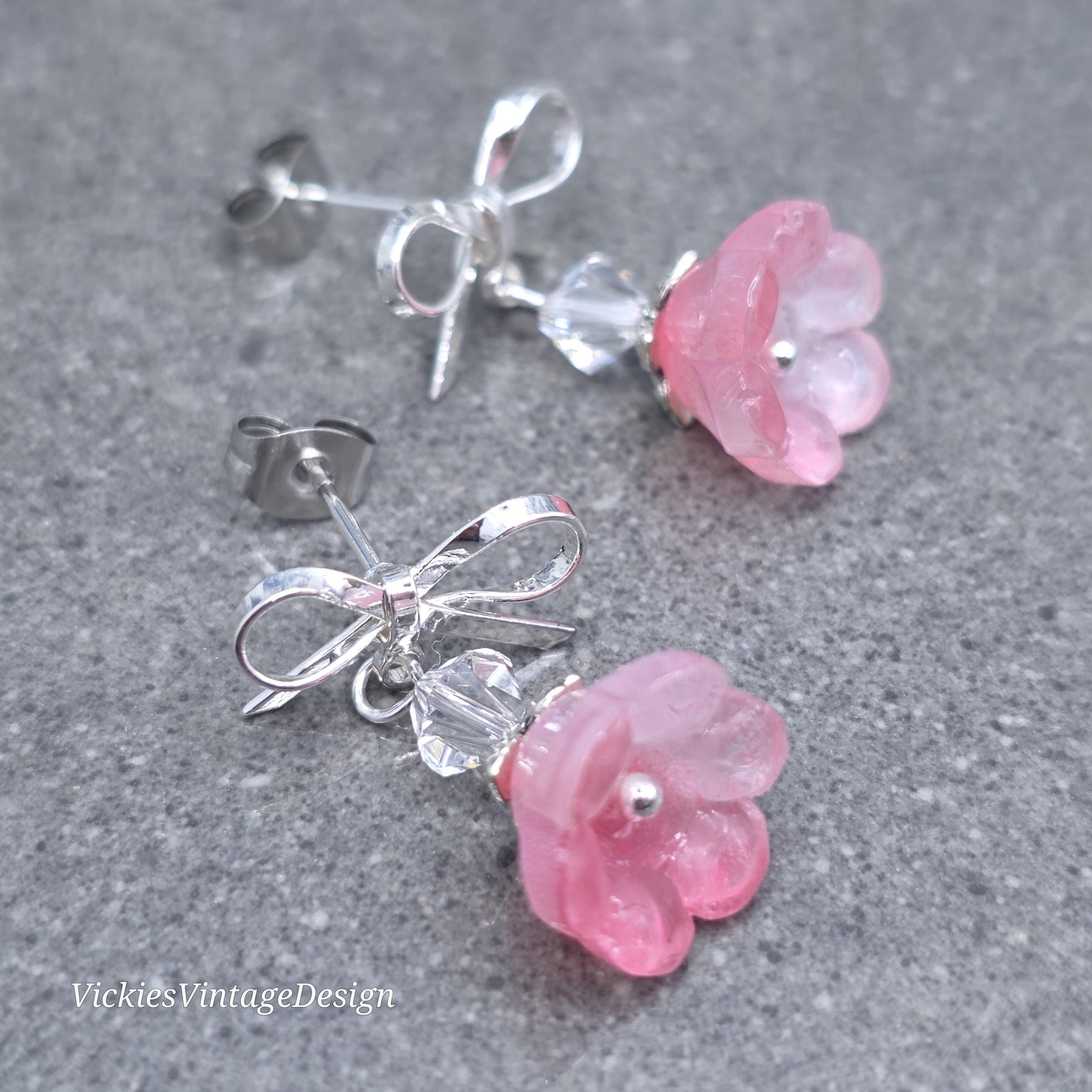 Flower Earrings, Pink Bow Studs, Glass Flower, PRIMERO Crystals®