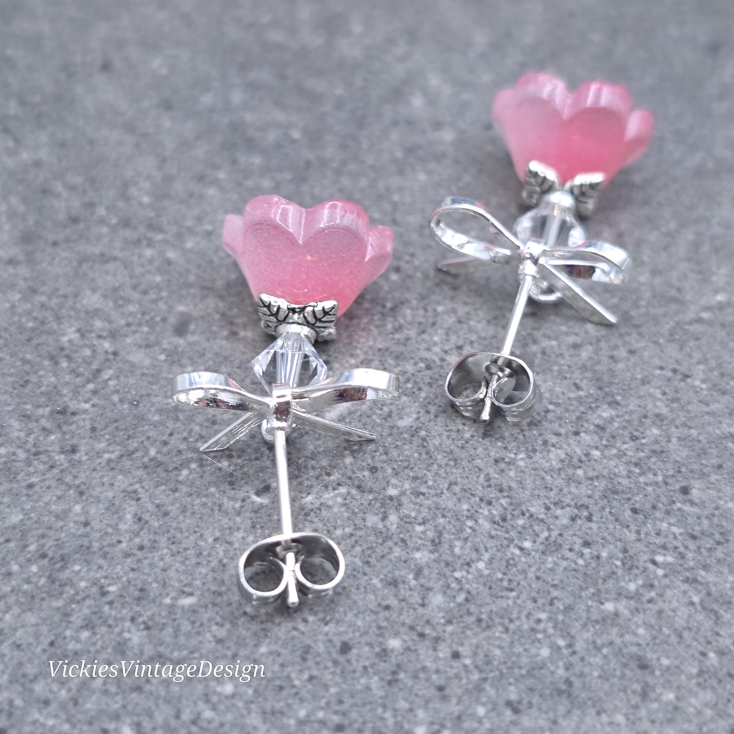 Flower Earrings, Pink Bow Studs, Glass Flower, PRIMERO Crystals®
