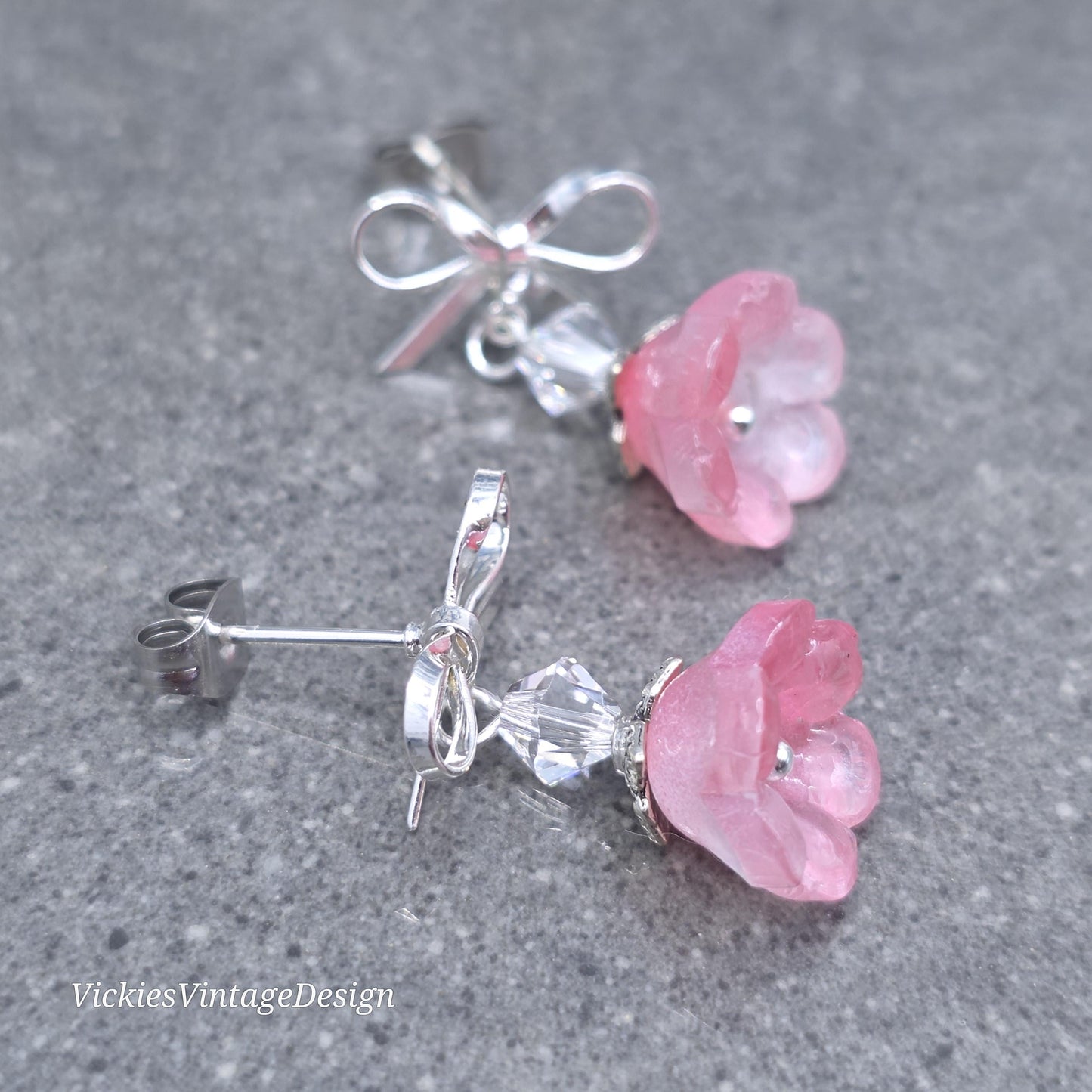 Flower Earrings, Pink Bow Studs, Glass Flower, PRIMERO Crystals®