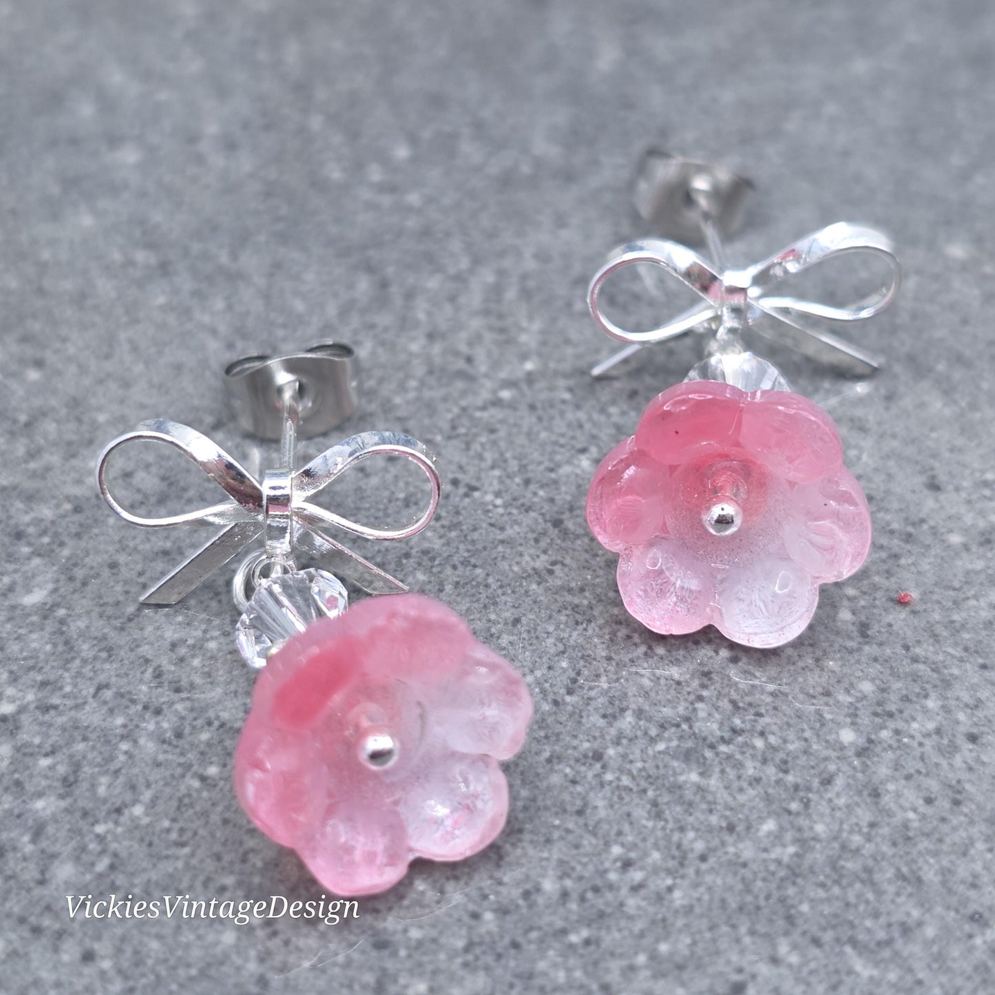 Flower Earrings, Pink Bow Studs, Glass Flower, PRIMERO Crystals®