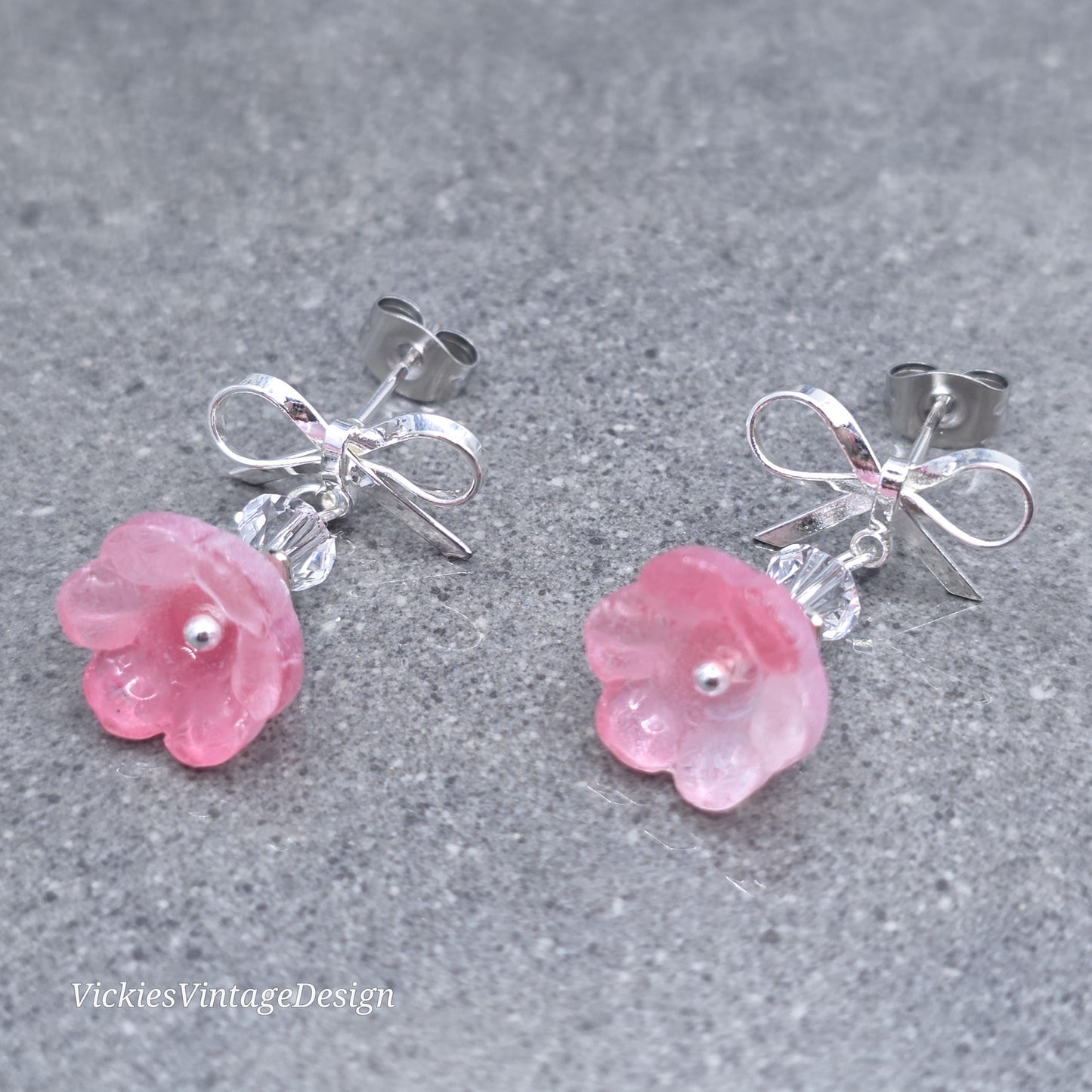 Flower Earrings, Pink Bow Studs, Glass Flower, PRIMERO Crystals®