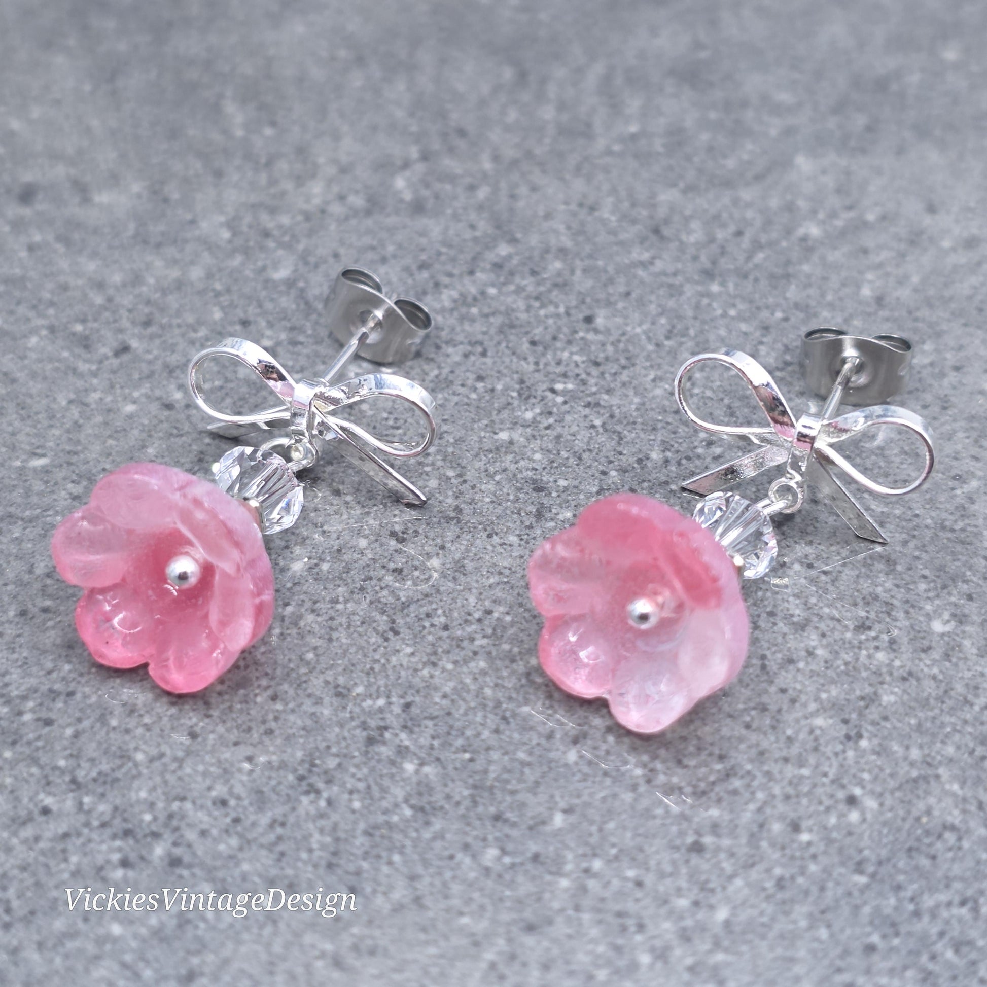 Flower Earrings, Pink Bow Studs, Glass Flower, PRIMERO Crystals®