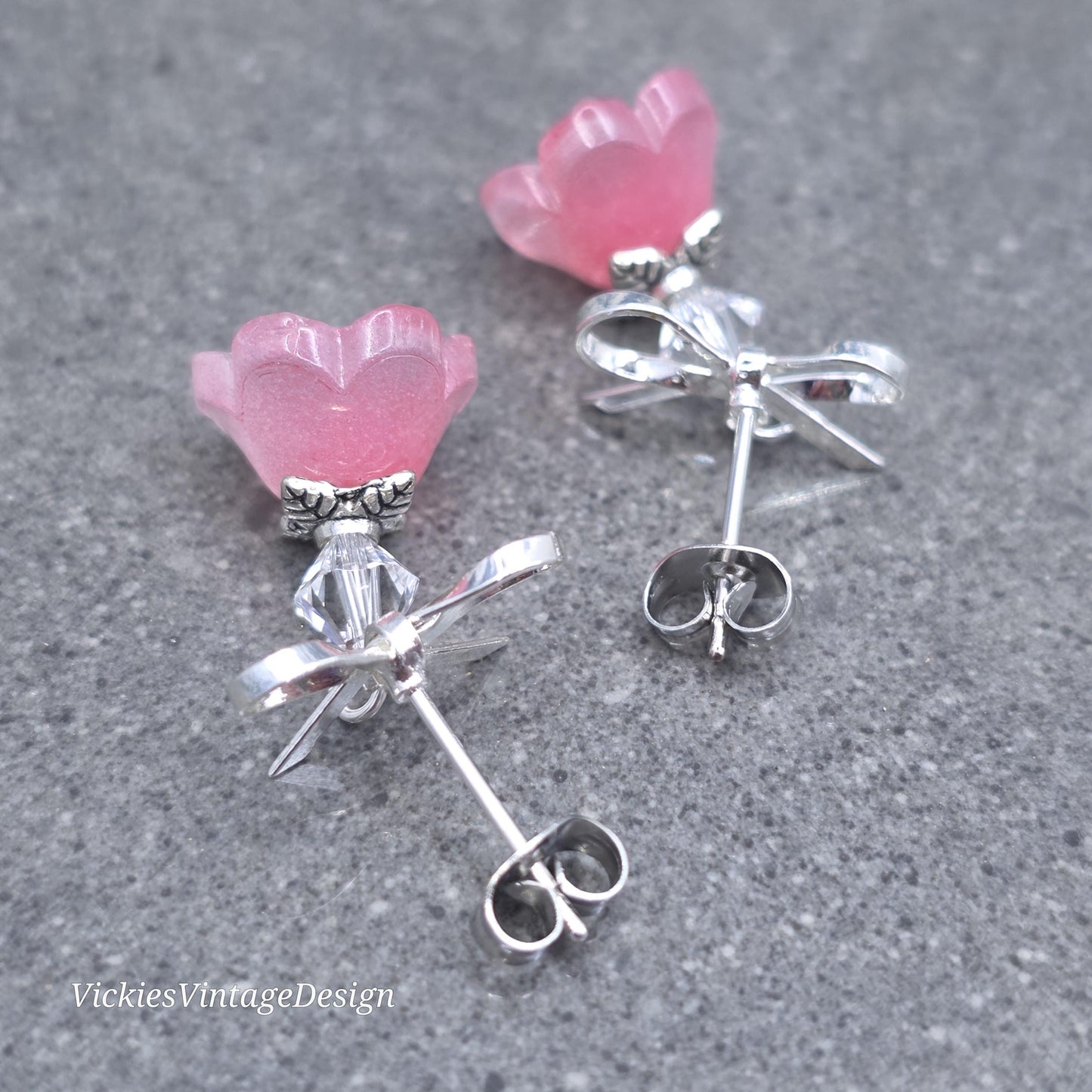 Flower Earrings, Pink Bow Studs, Glass Flower, PRIMERO Crystals®