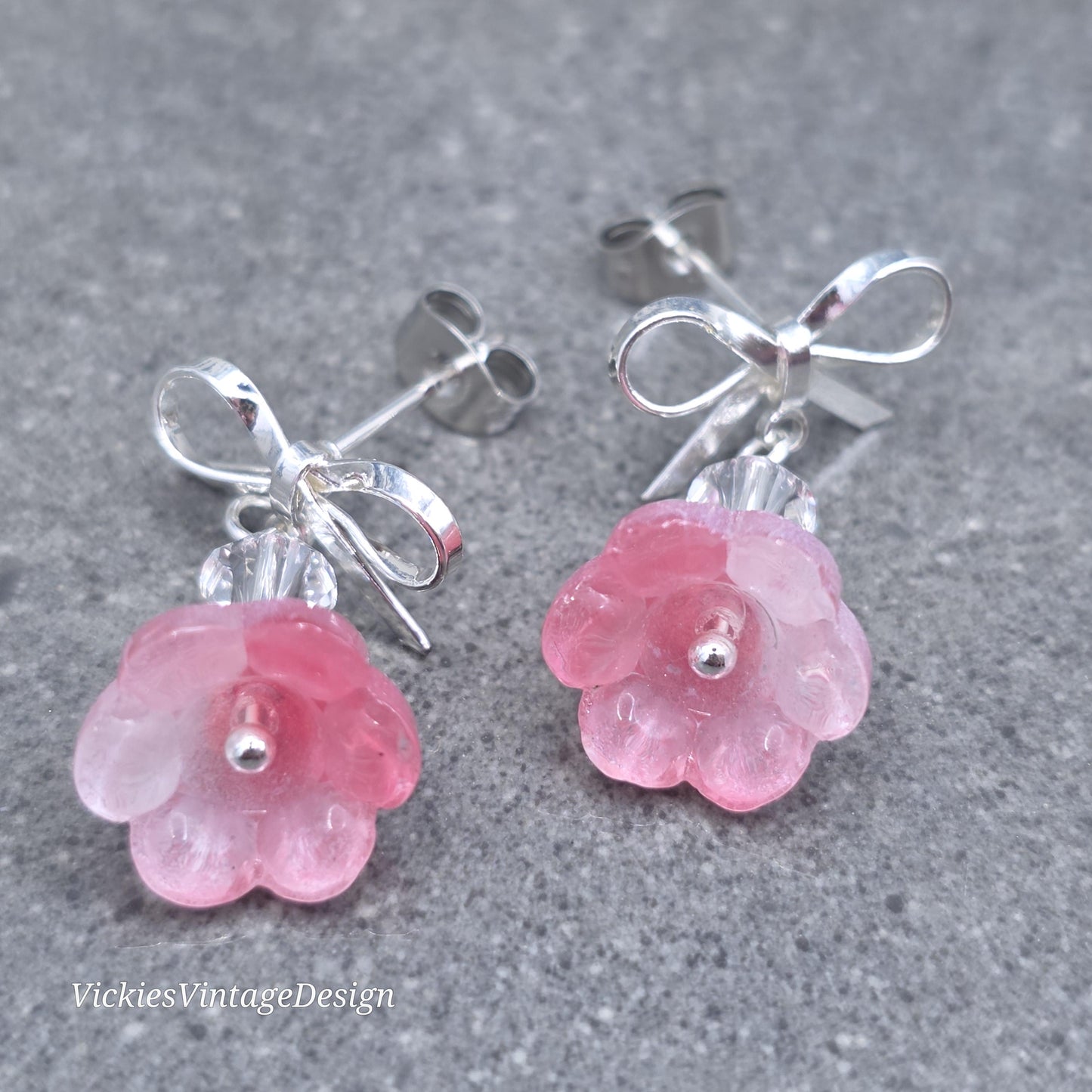 Flower Earrings, Pink Bow Studs, Glass Flower, PRIMERO Crystals®