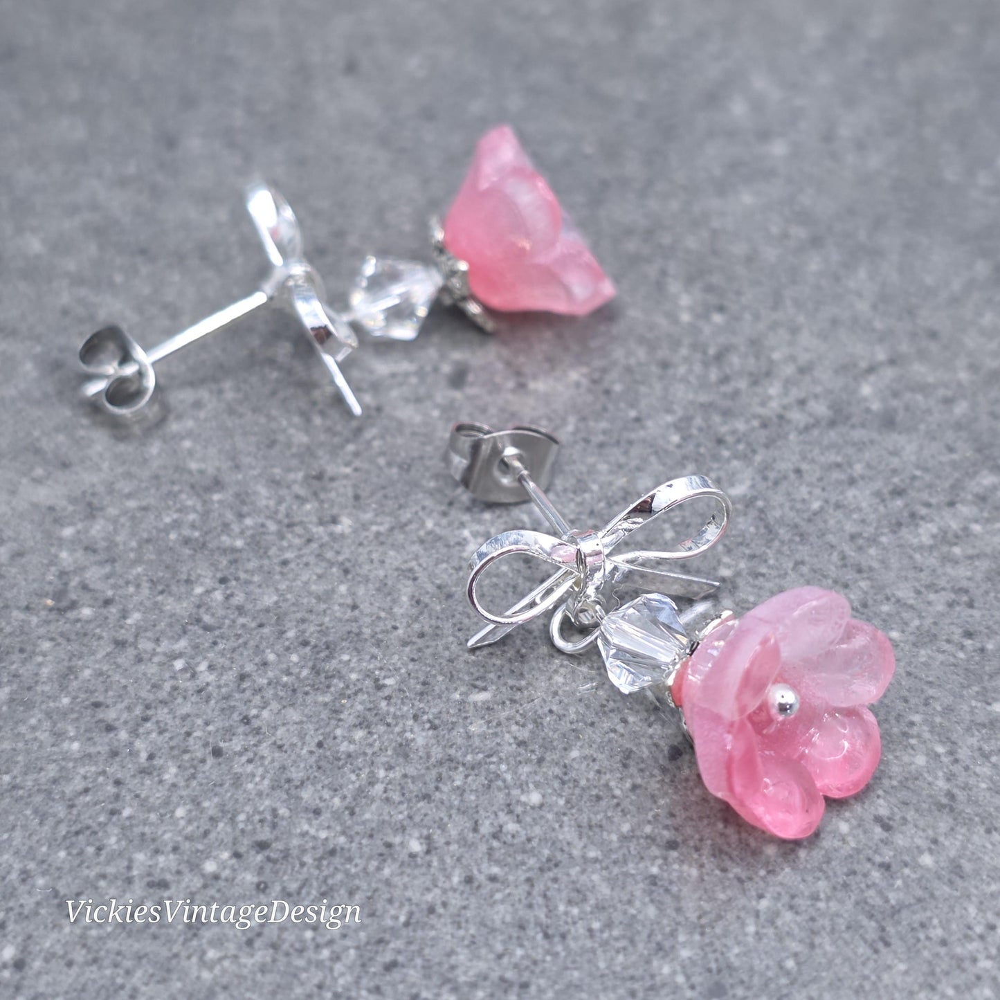 Flower Earrings, Pink Bow Studs, Glass Flower, PRIMERO Crystals®