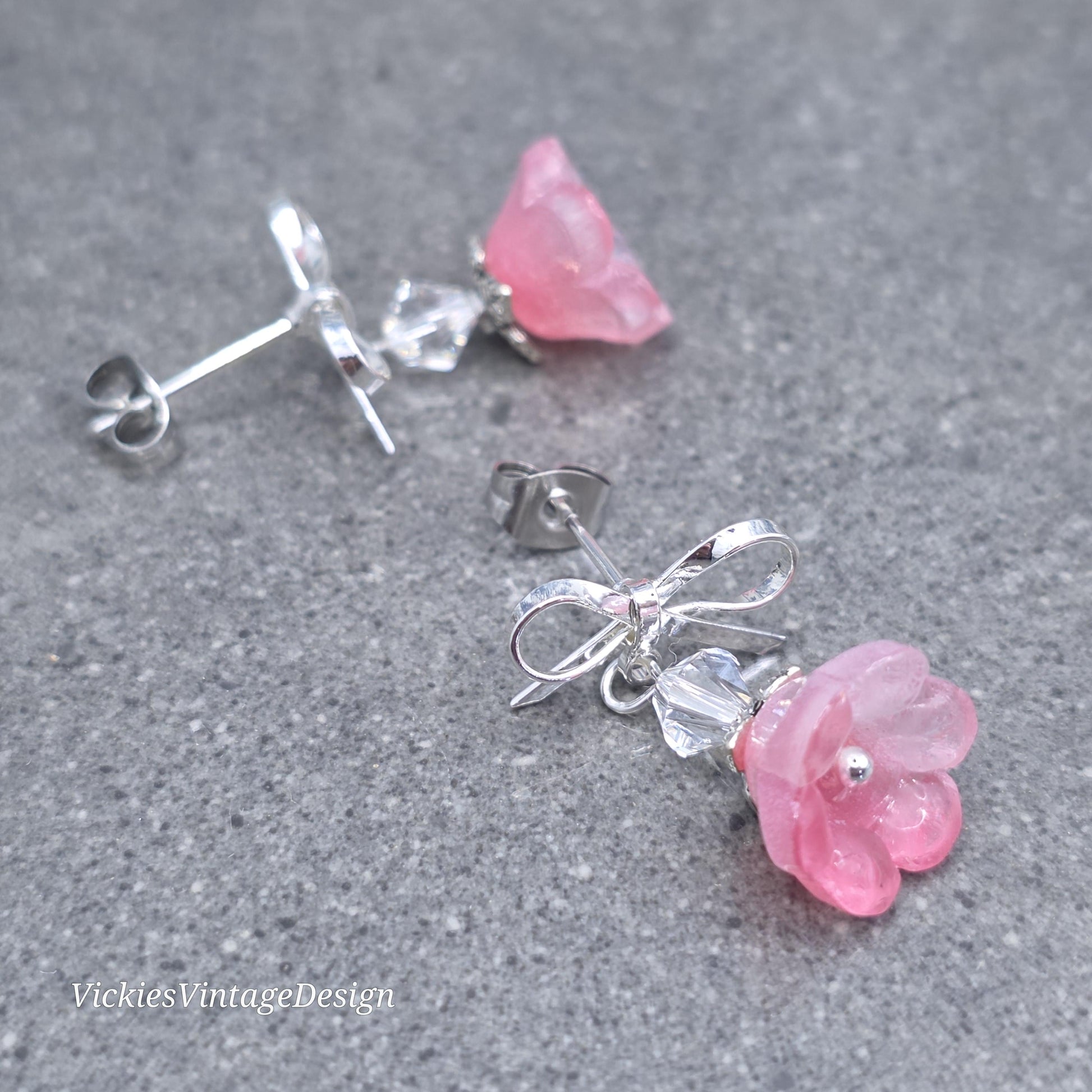 Flower Earrings, Pink Bow Studs, Glass Flower, PRIMERO Crystals®