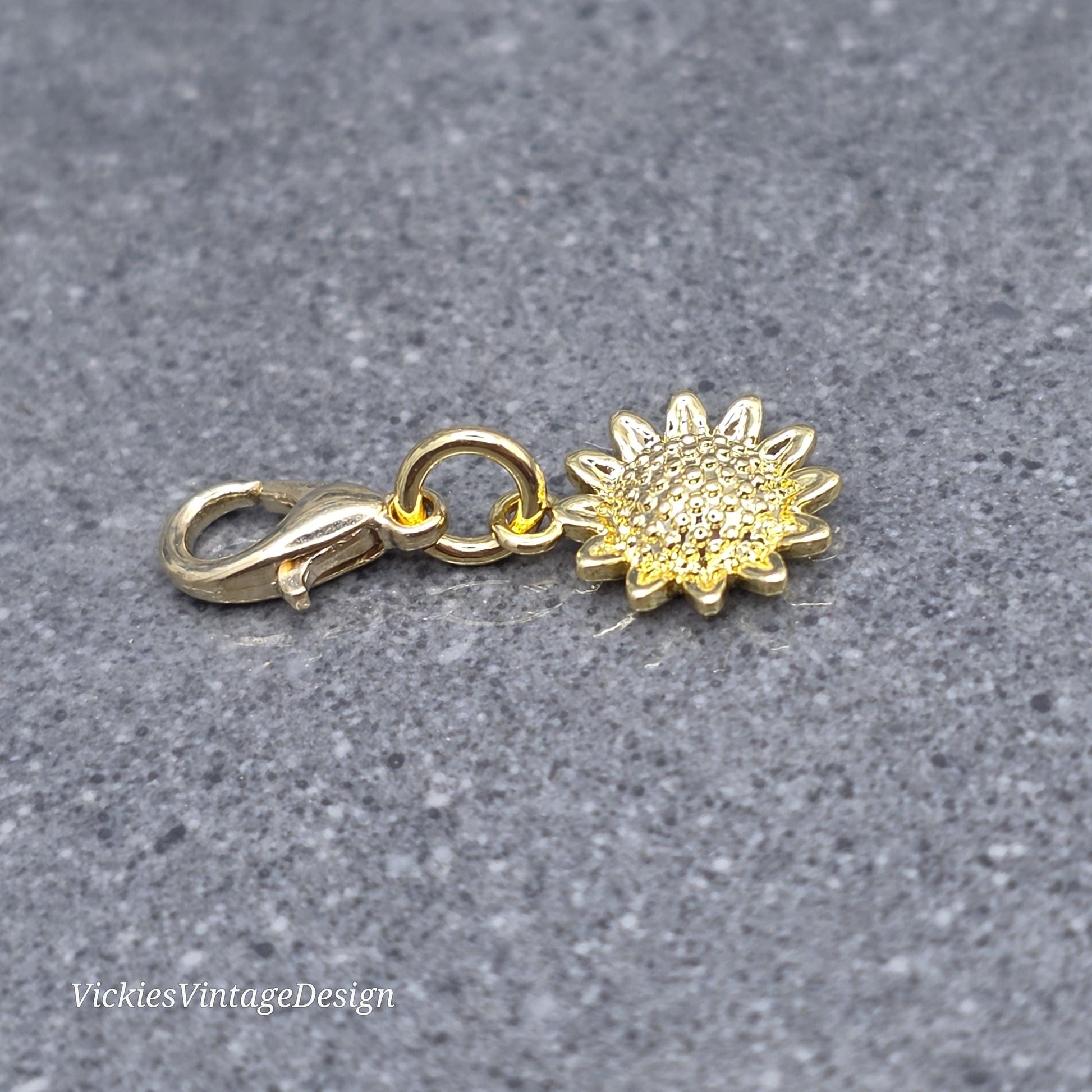 Gold Sunflower Clip on Charm with Gold Lobster Clasp, Bracelet, Necklace, Brass, Brass, 18K Gold Plated