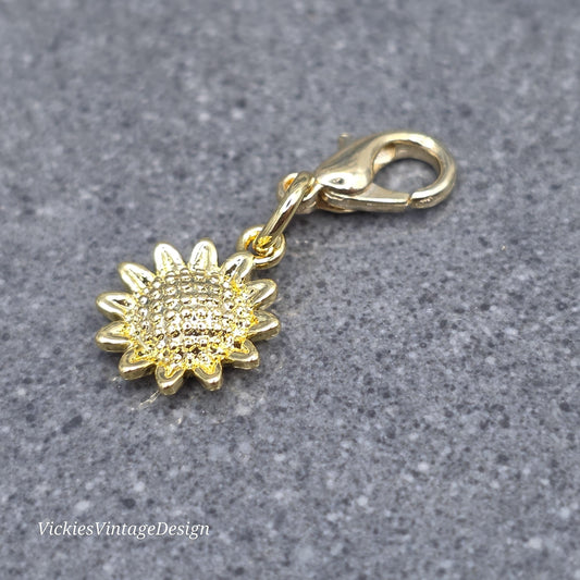 Gold Sunflower Clip on Charm with Gold Lobster Clasp, Bracelet, Necklace, Brass, Brass, 18K Gold Plated