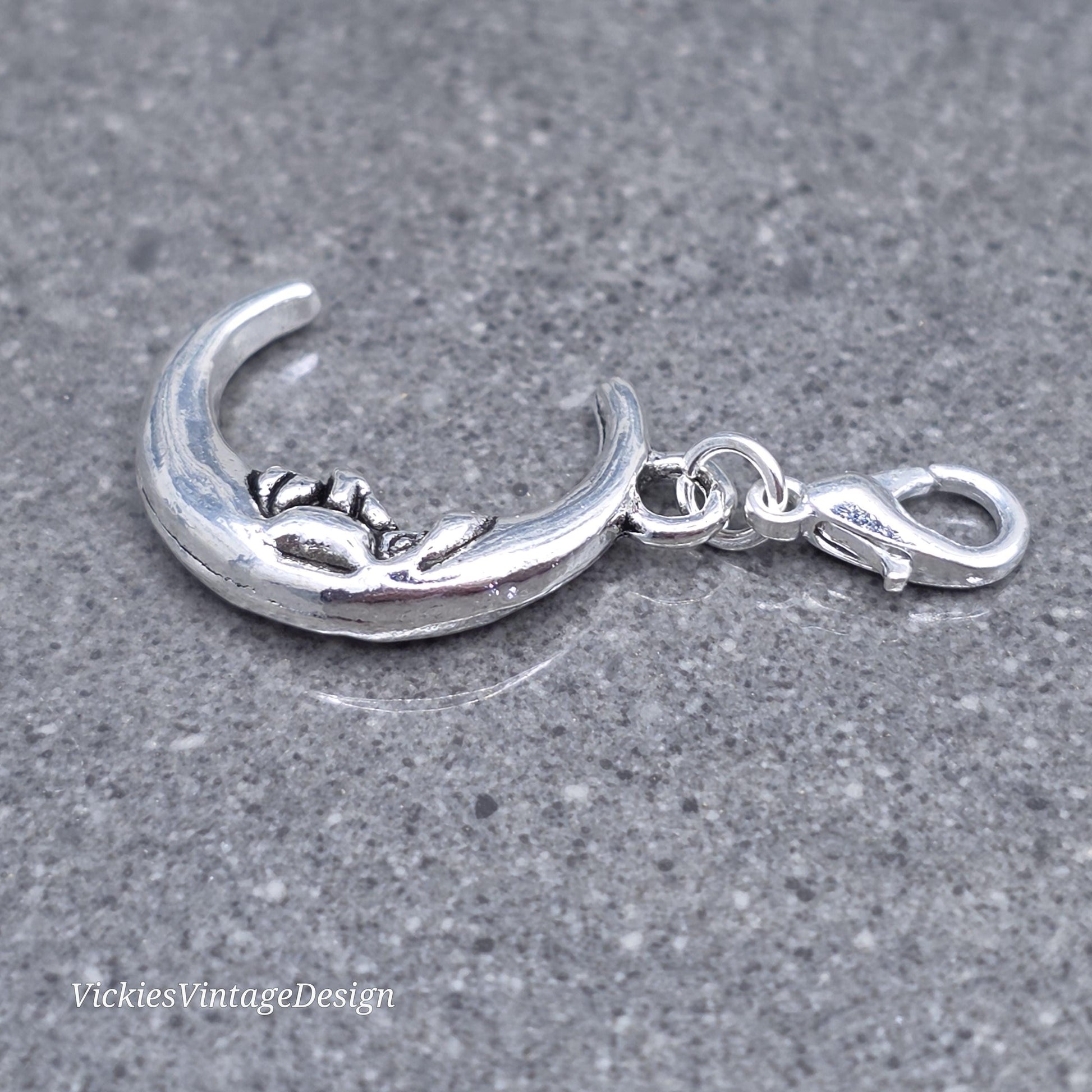 Moon Clip on Charm with silver Lobster Clasp, Bracelet, Necklace, Brass, Nickel Free, Stitchmarker, Zipper, Planner Charm