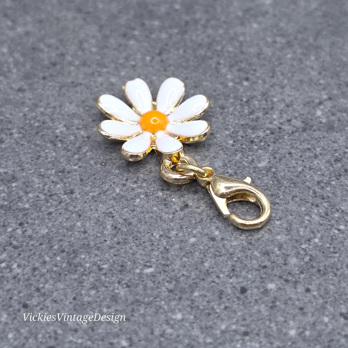 Daisy Clip on Charm with Gold Lobster Clasp, Brass, Nickel Free, Necklace, Bracelet, Stitchmarker, Zipper, Planner Charm
