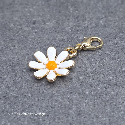 Daisy Clip on Charm with Gold Lobster Clasp, Brass, Nickel Free, Necklace, Bracelet, Stitchmarker, Zipper, Planner Charm