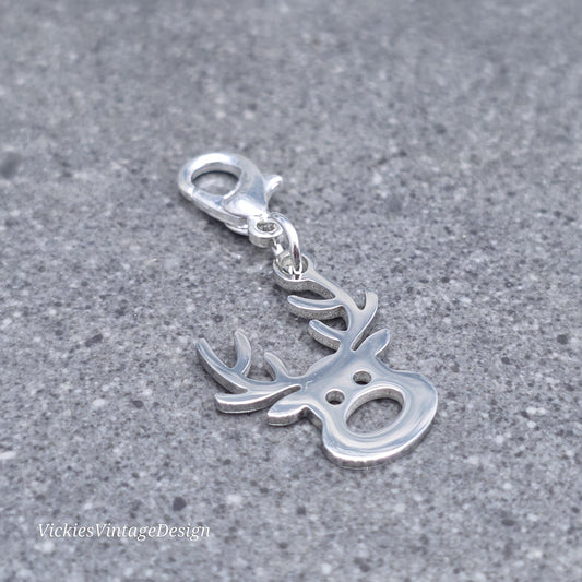 Rudolf the Reindeer Clip on Charm with Gold Lobster Clasp, Brass, Nickel Free, Stitchmarker, Zipper, Planner Charm