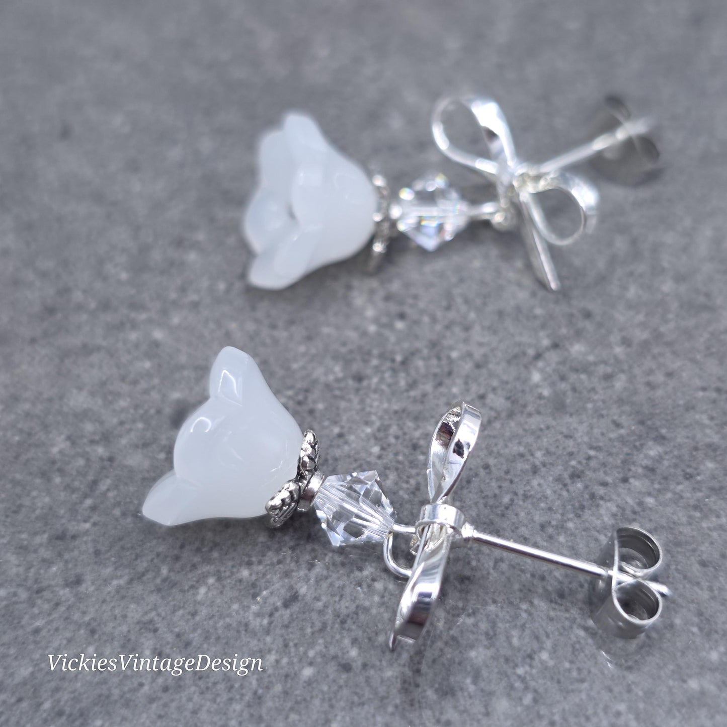 Flower Earrings, White Bow Studs, Glass Flower, PRIMERO Crystals®