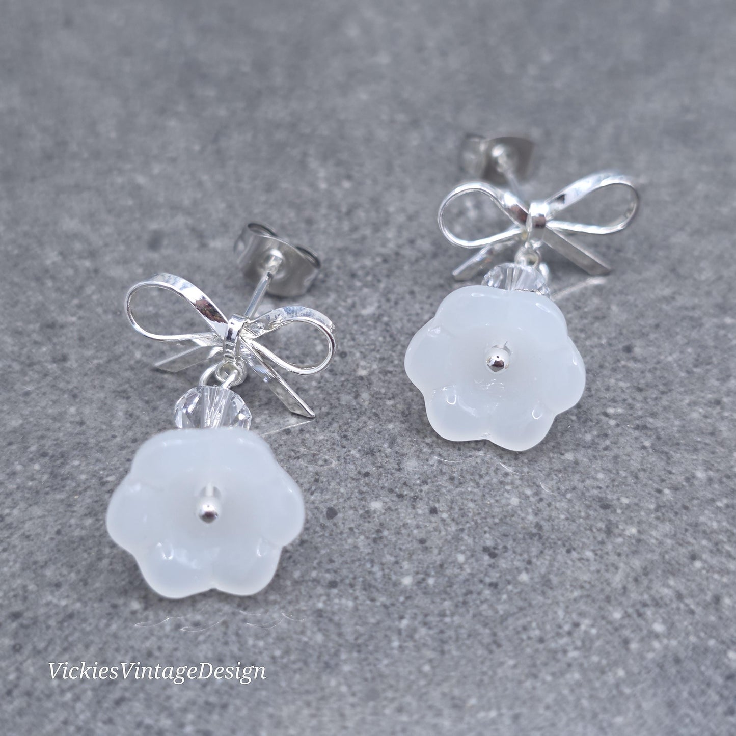 Flower Earrings, White Bow Studs, Glass Flower, PRIMERO Crystals®