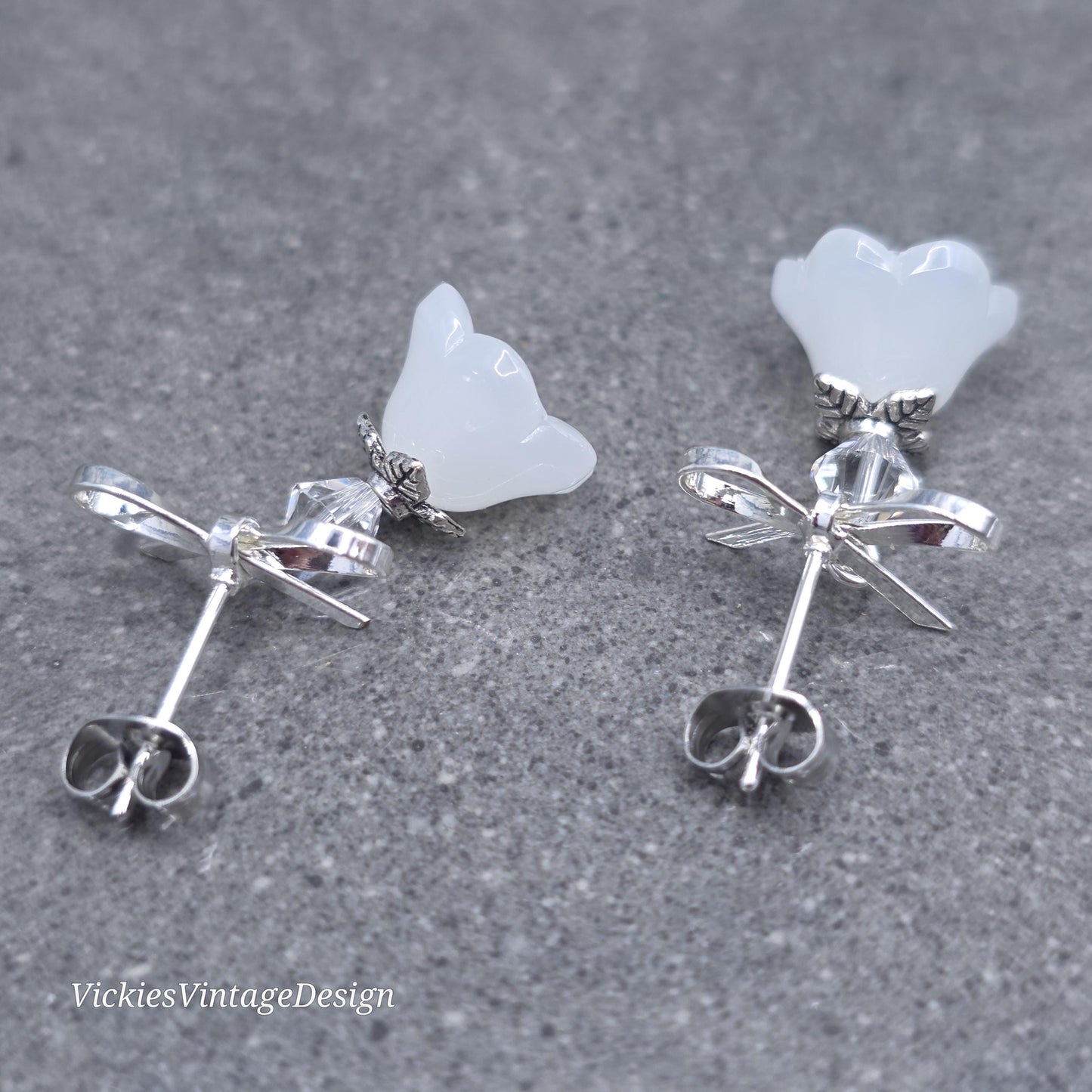 Flower Earrings, White Bow Studs, Glass Flower, PRIMERO Crystals®