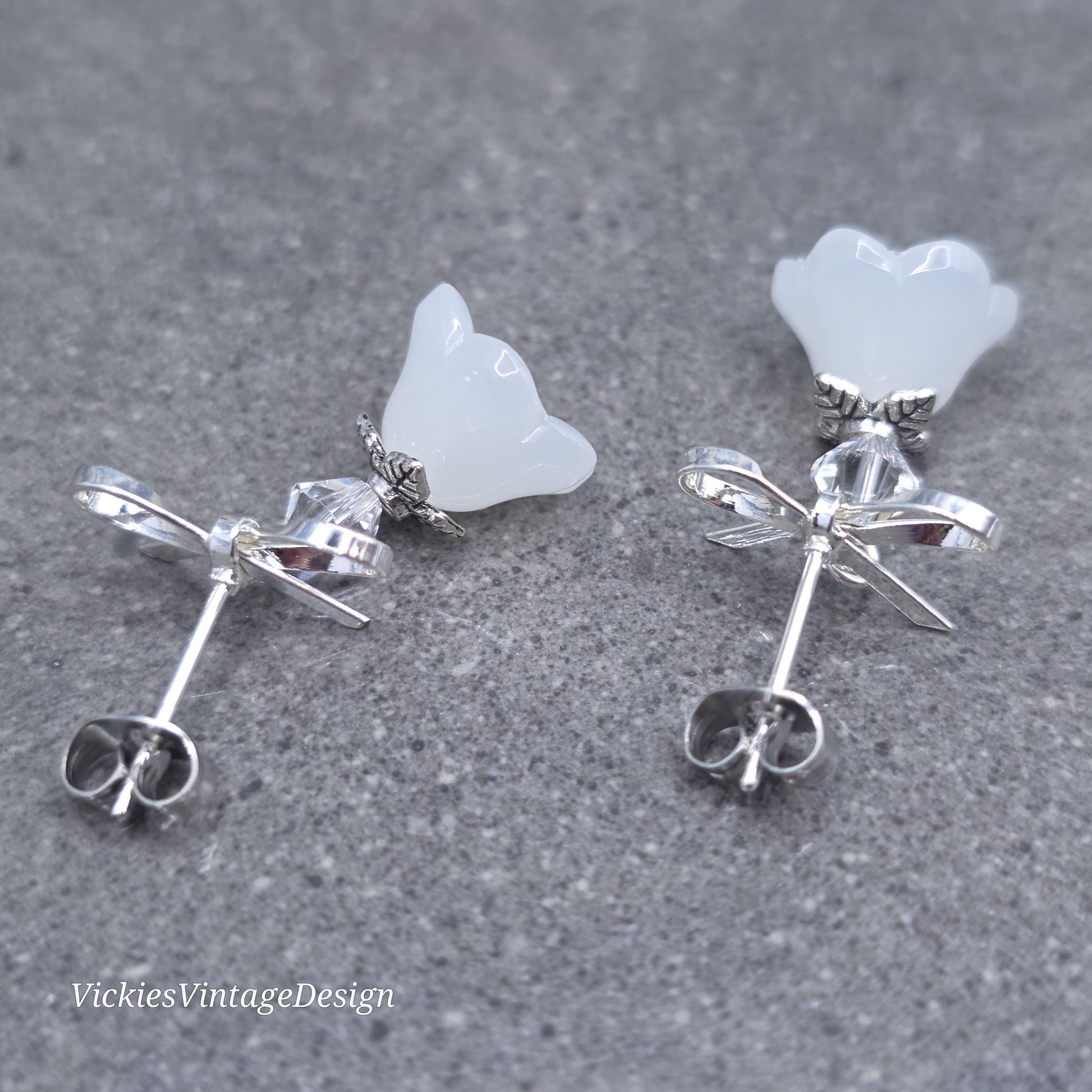 Flower Earrings, White Bow Studs, Glass Flower, PRIMERO Crystals®