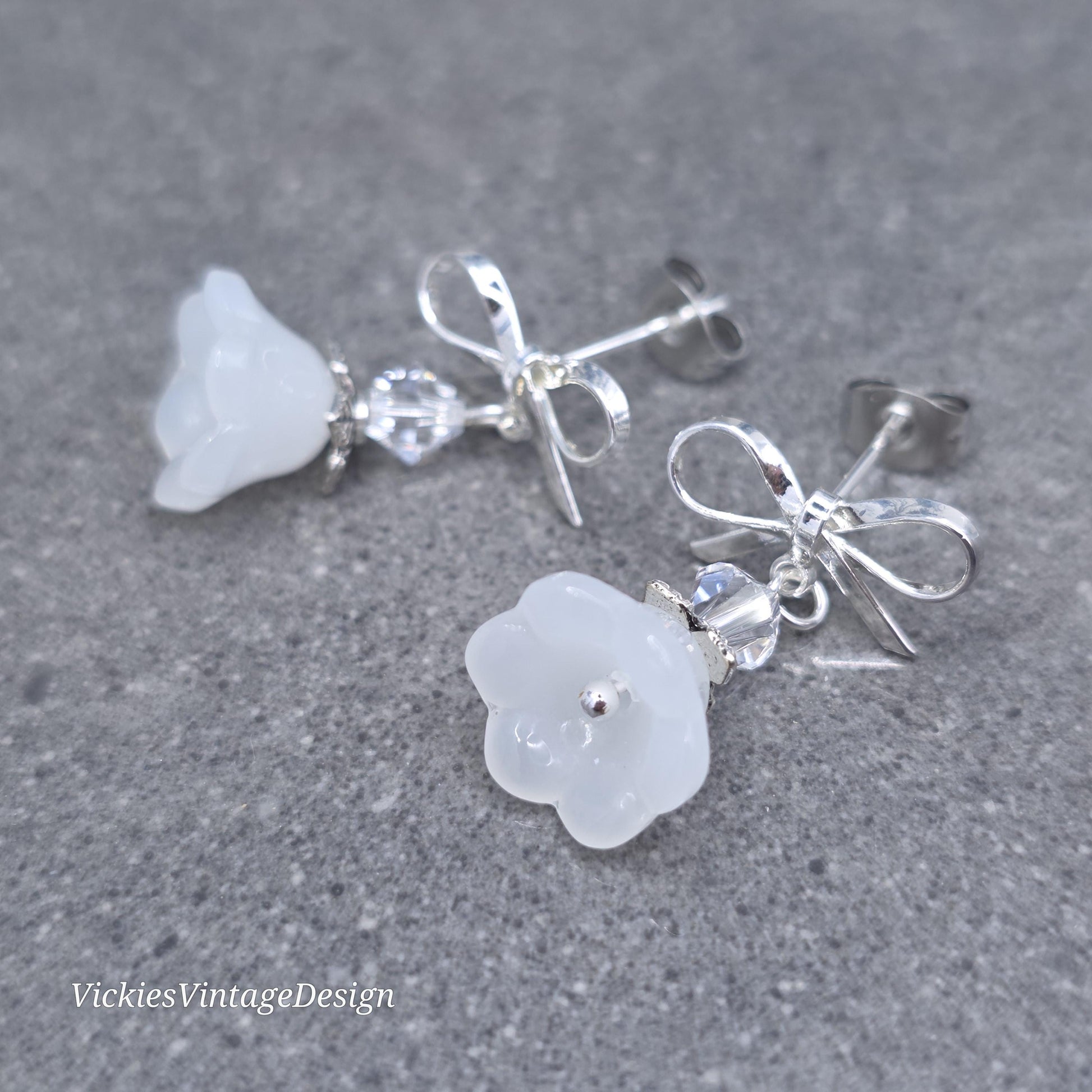 Flower Earrings, White Bow Studs, Glass Flower, PRIMERO Crystals®